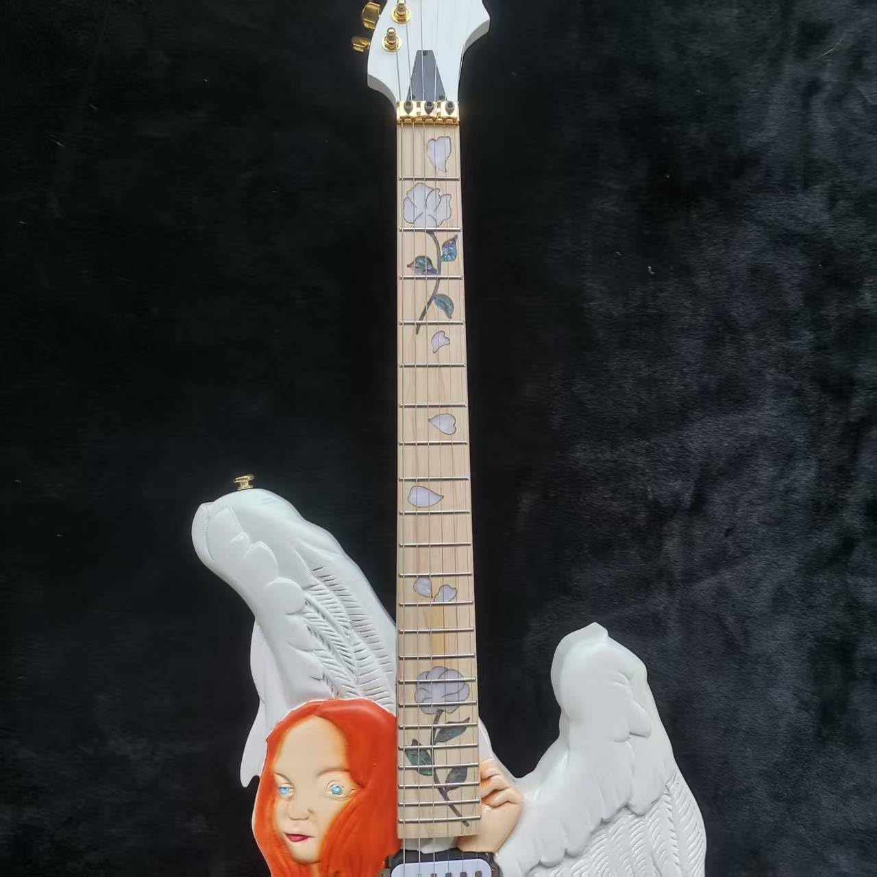 Hand Made Electric Guitar Angel Rose Inlay Body Abalone Flower Inlay Fretboard Gold Tremolo Bridge Whammy Bar (rose angel)