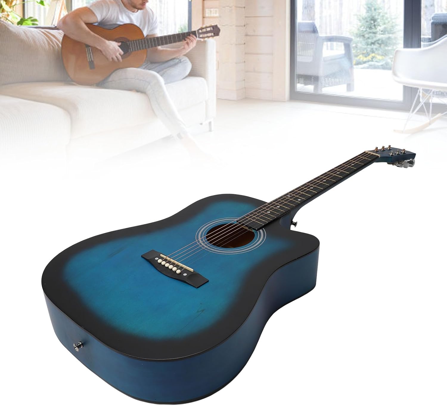 Acoustic Guitar Kit, 41 Inch Guitar Set for Beginners with Picks Capo Spare Strings Strap Bag Basswood Matte Finish Portable