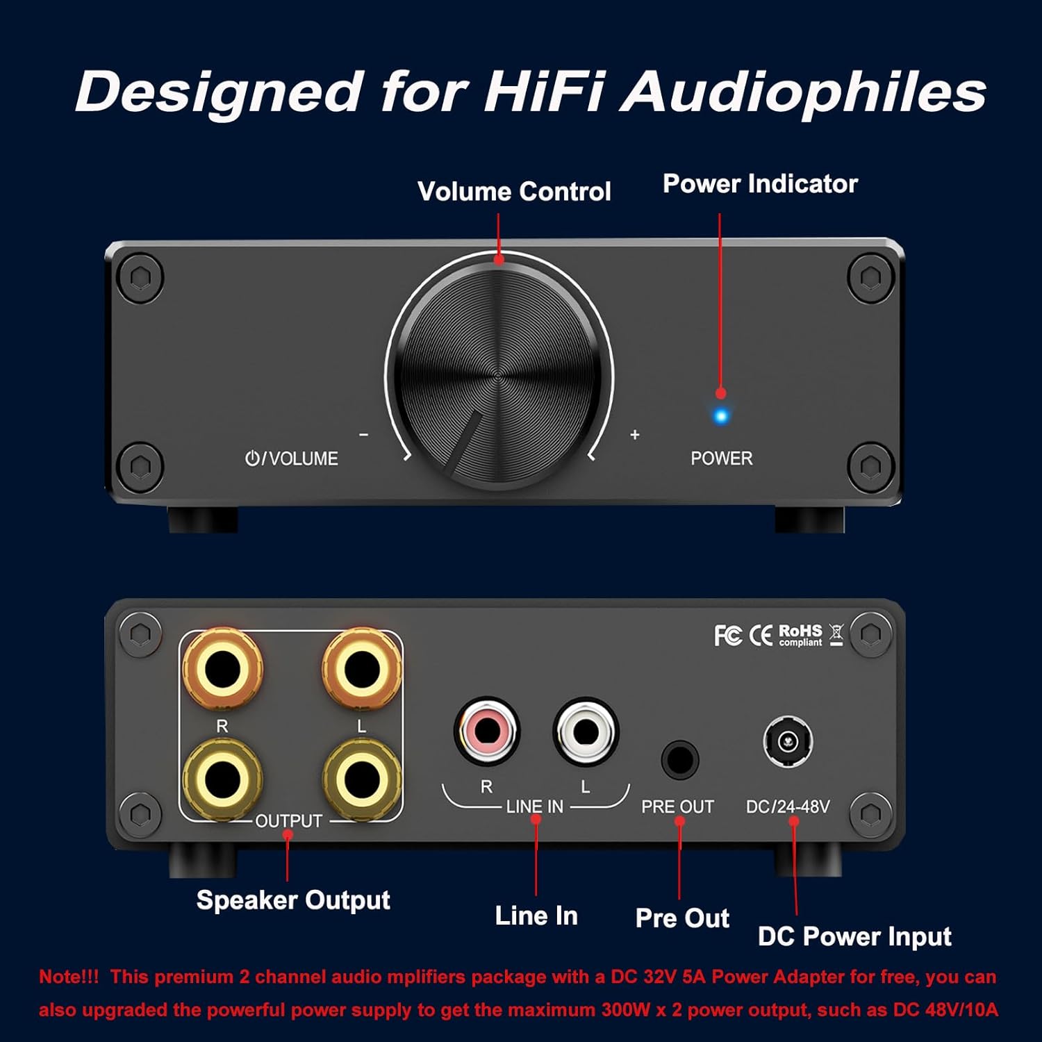 TPA3255 HiFi Class D Power Amplifier, 300W×2 Stereo Amplifier 2 Channel Audio Component with Innovative Heat Dissipation, for Home Theater, Outdoor Setups & Bookshelf Speakers, DC 32V Adapter Included