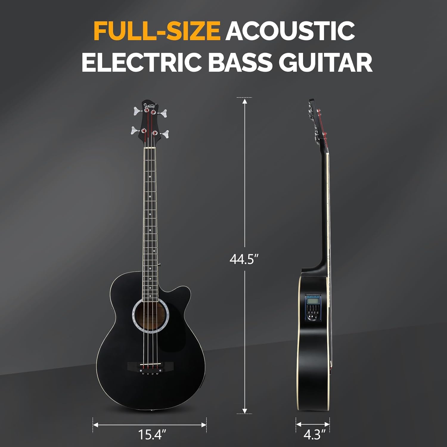 GLARRY Full Size Acoustic Electric Bass Guitar Beginner Kit, Cutaway 4 Strings Electric Acoustic Bass Guitar w/Inbuilt Tuner, Bag, Strap, Picks, Strings, Basswood Bass Guitarra, Matte Black