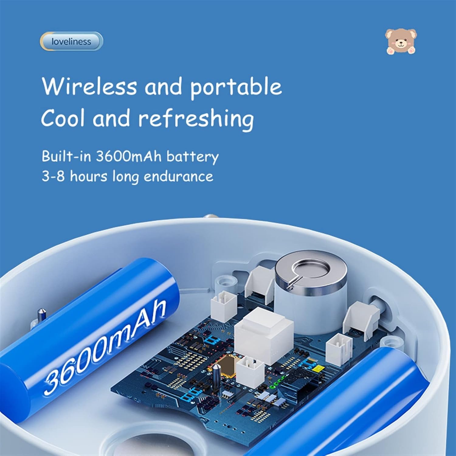 Humidifier Mini Portable Water Cooled Spray Fan USB Rechargeable 3600 mAh Battery Wireless Air Conditioner Electric Cold Mist Humidifier Fan Ultrasonic Humidifier(Blue)