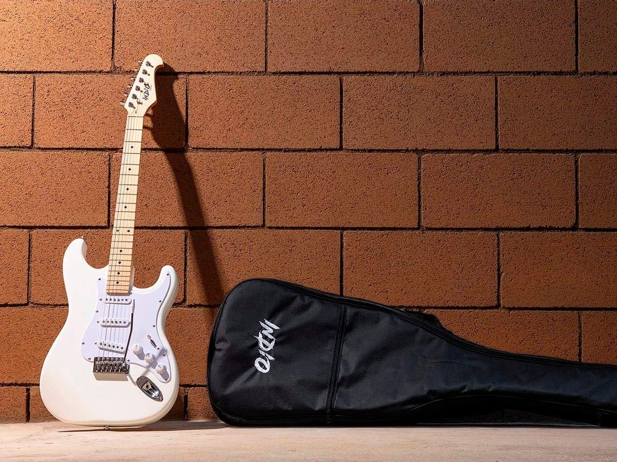 Monoprice Cali Classic Electric Guitar - White, 6 Strings, Double-Cutaway Solid Body, Right Handed, SSS Pickups, Full-Range Tone, With Gig Bag, Perfect for Beginners - Indio Series