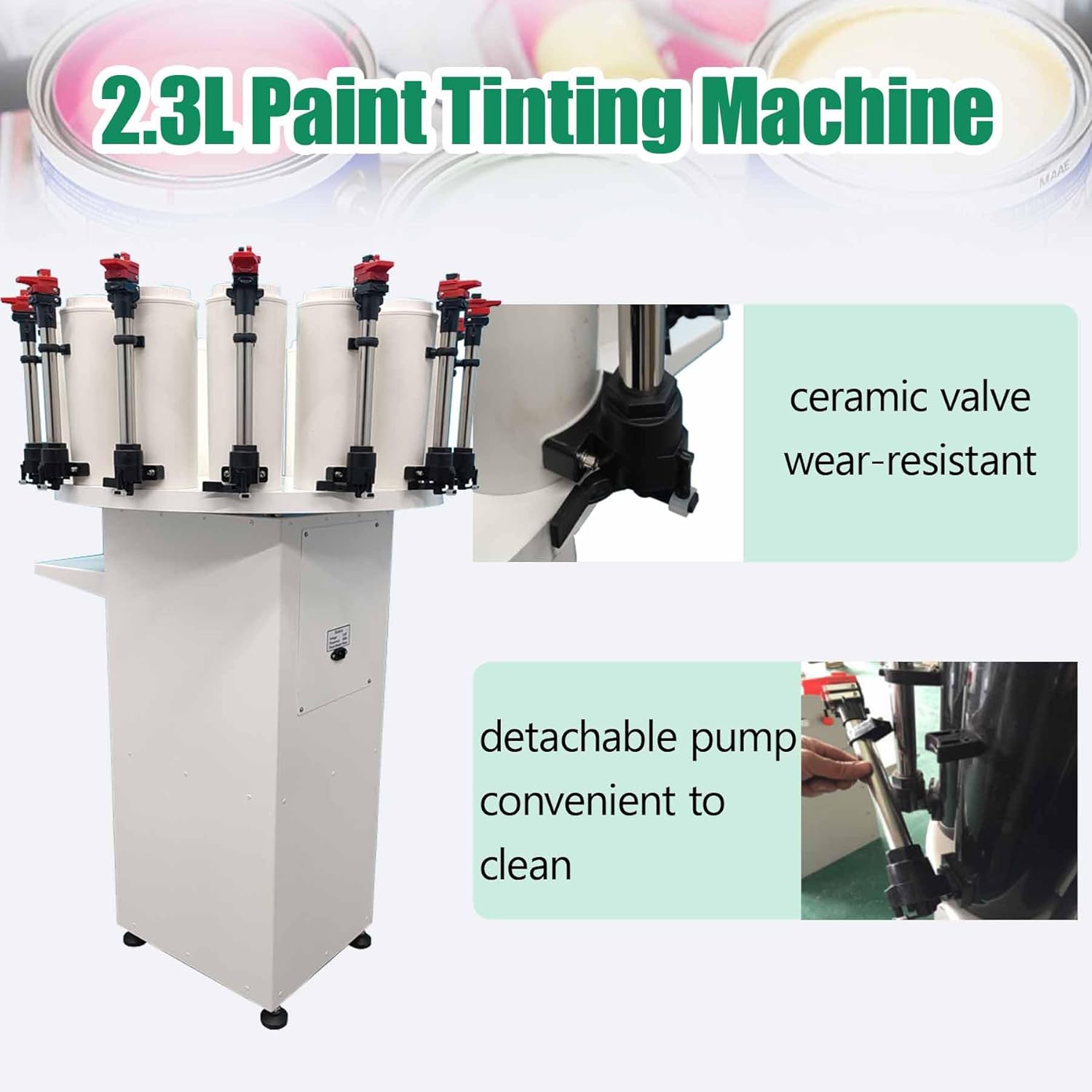 TECHTONGDA Paint Colorant Dispenser, 14 Canister Base Paint Tinting Machine, Double Pump, Double Gauge Lock, 2.3L Drum Capacity, Electric Stirring Color Mixing Machine for Water or Oil Colorant