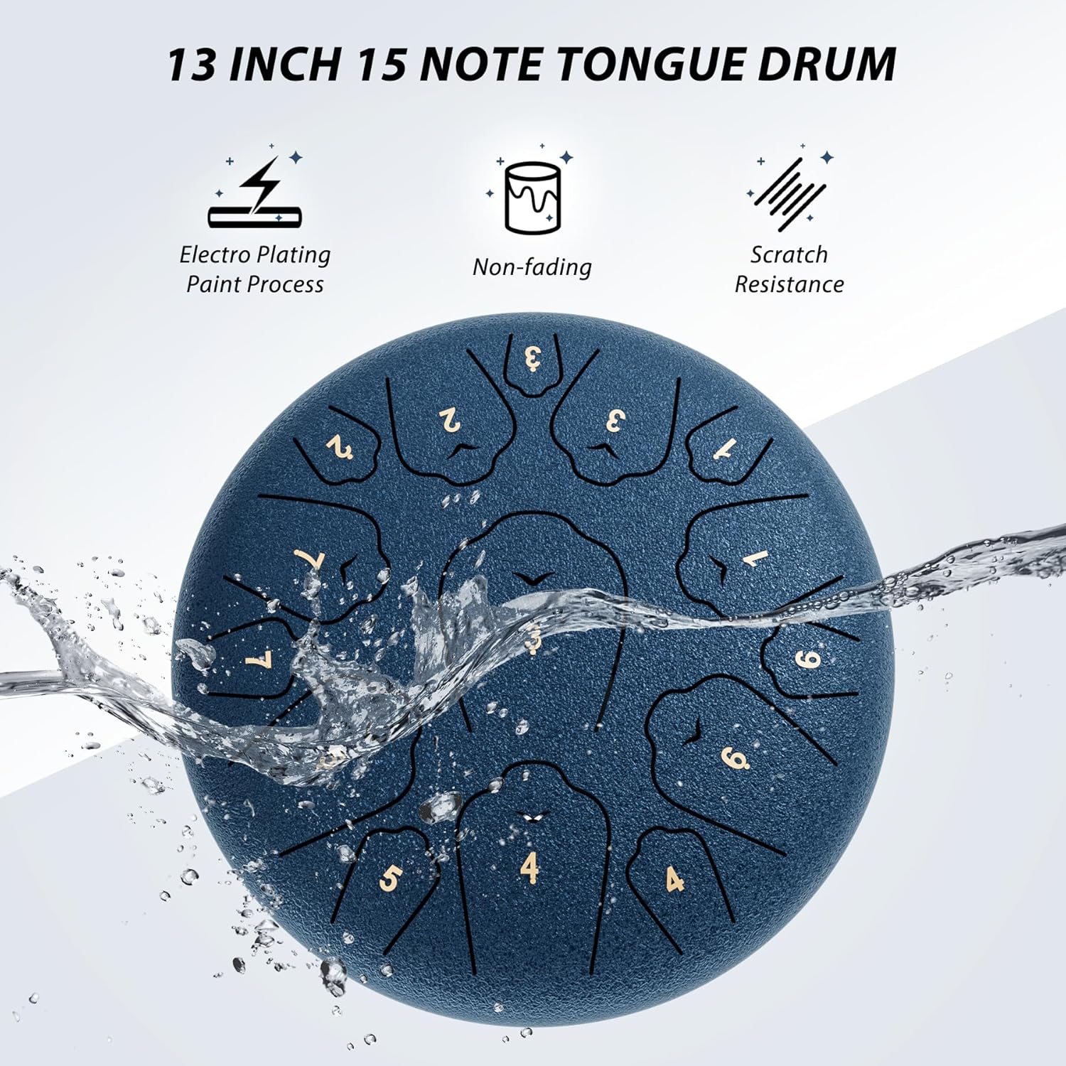Steel Tongue Drum, 13 Inch 15 Notes Tongue Drums, C Major Drum Percussion Instruments, Handpan Drums with Music Book, Drum Mallets and Carry Bag (Navy Blue)