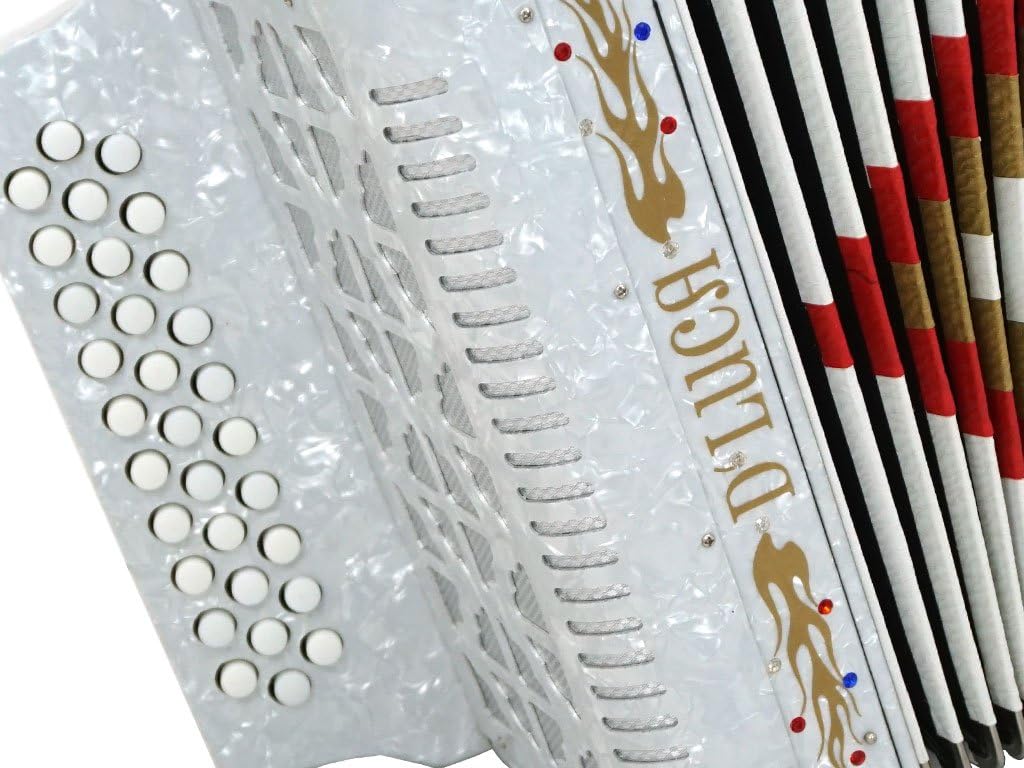 D'Luca D3112-GCF-WH Primo Button Accordion 31 Keys 12 Bass on GCF Key with Case and Straps, White