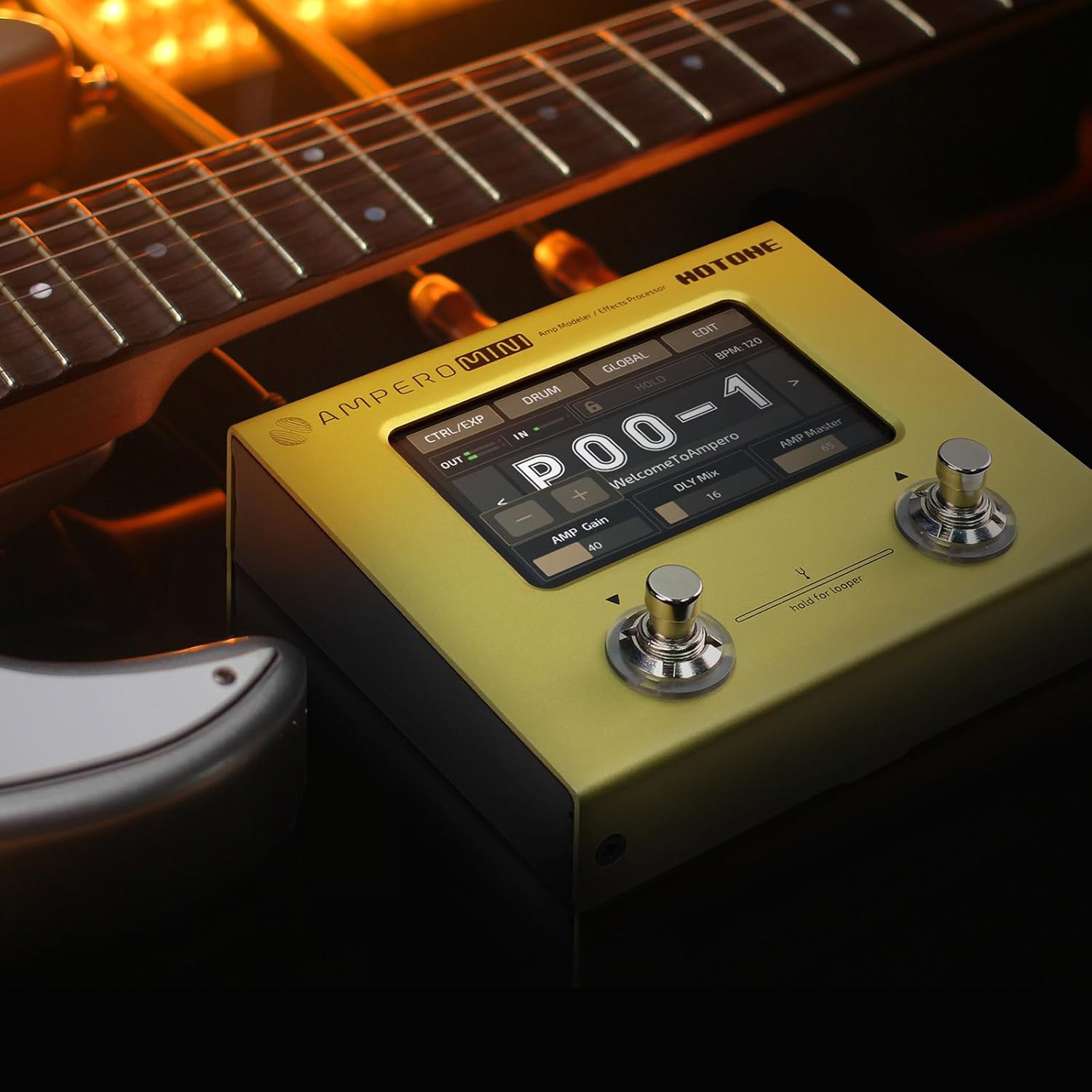 Hotone Guitar Bass Processor Multi-Effects Touch Screen Guitar Bass Amp Modeling IR Cabinets Simulation Stereo OTG USB Audio Interface Multi Language Ampero Mini (Mustard)