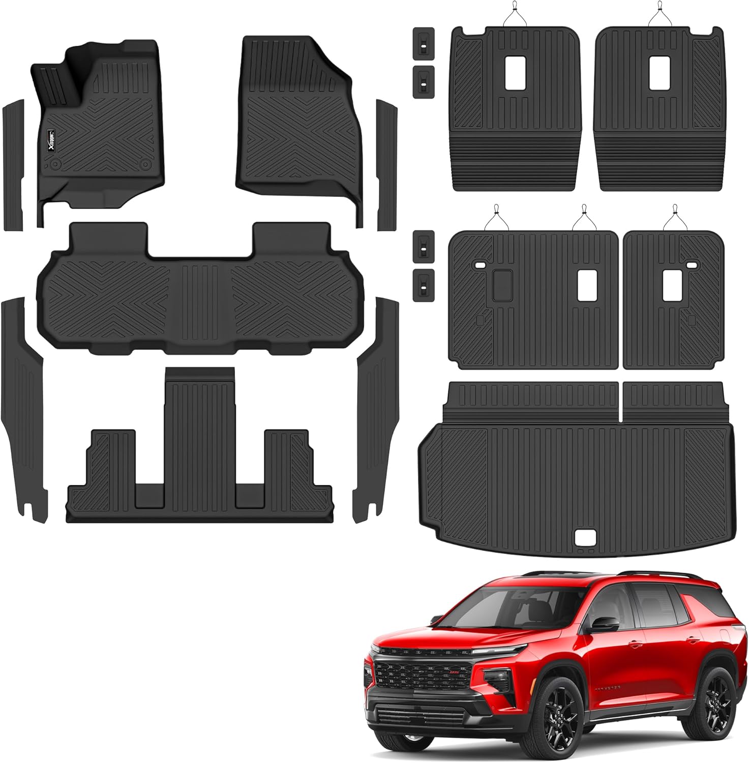 Floor Mats &Trunk Mat for 2024 2025 2026 Chevy/Chevrolet Traverse 7 Seats with 2nd & 3rd Row Backrest Mat All Weather TPE Rubber Cargo Liner Door Sill Guards for Chevy Traverse 2026 Accessories