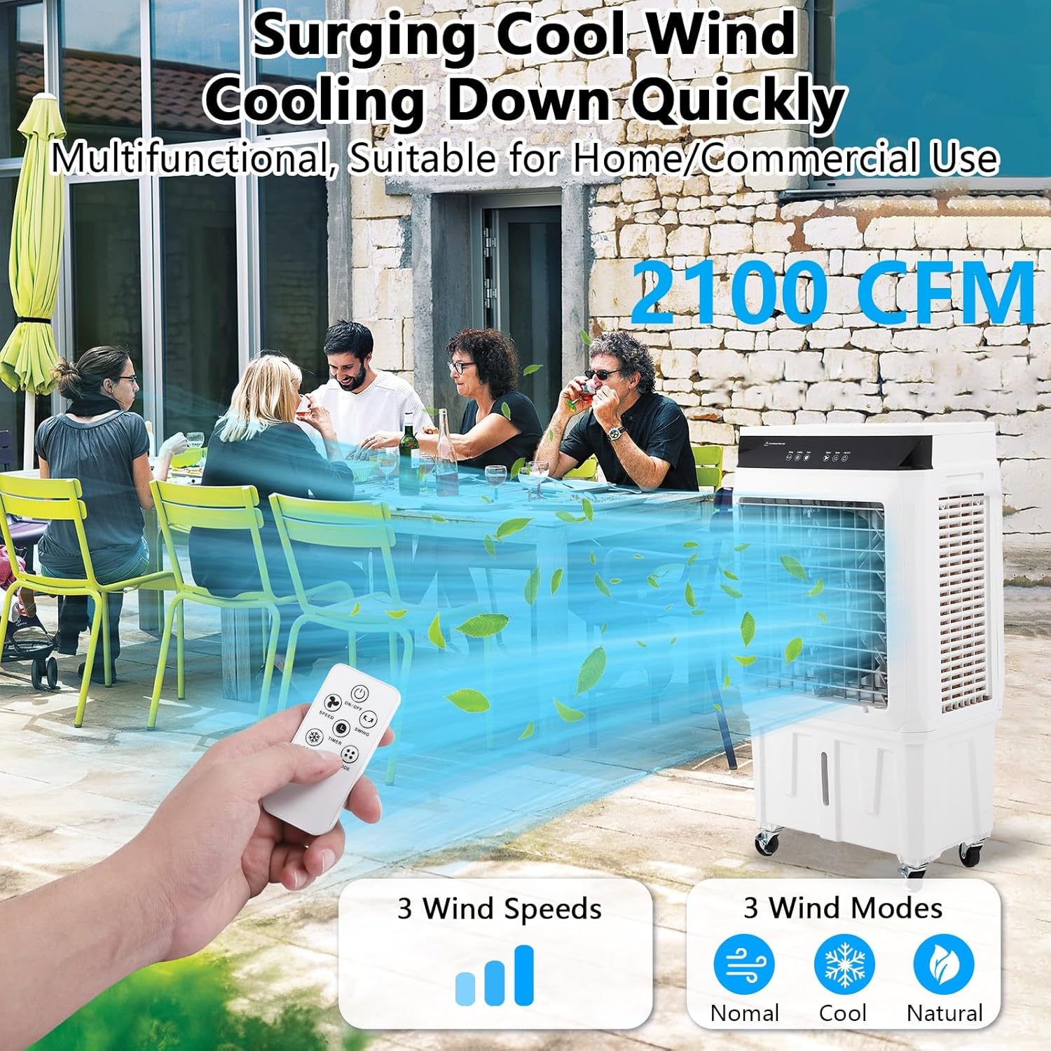 2100 CFM Swamp Cooler, 8.4 Gallon Evaporative Air Cooler with Remote Control, 3 Speeds, 12h Timer, 3-In-1 Swamp Cooler Air Conditioner, Portable Air Cooler Fan for Indoor Room Garage Outdoor Patio