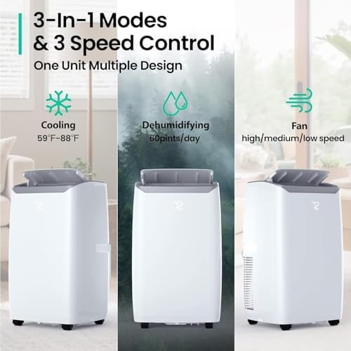 12,000 BTU Portable Air Conditioner with Cooling, Dehumidifier, and Fan Functions, Efficiently Cools up to 550 Sq. Ft, Includes Remote Control, Window Venting Kit, 24-Hour Timer, White