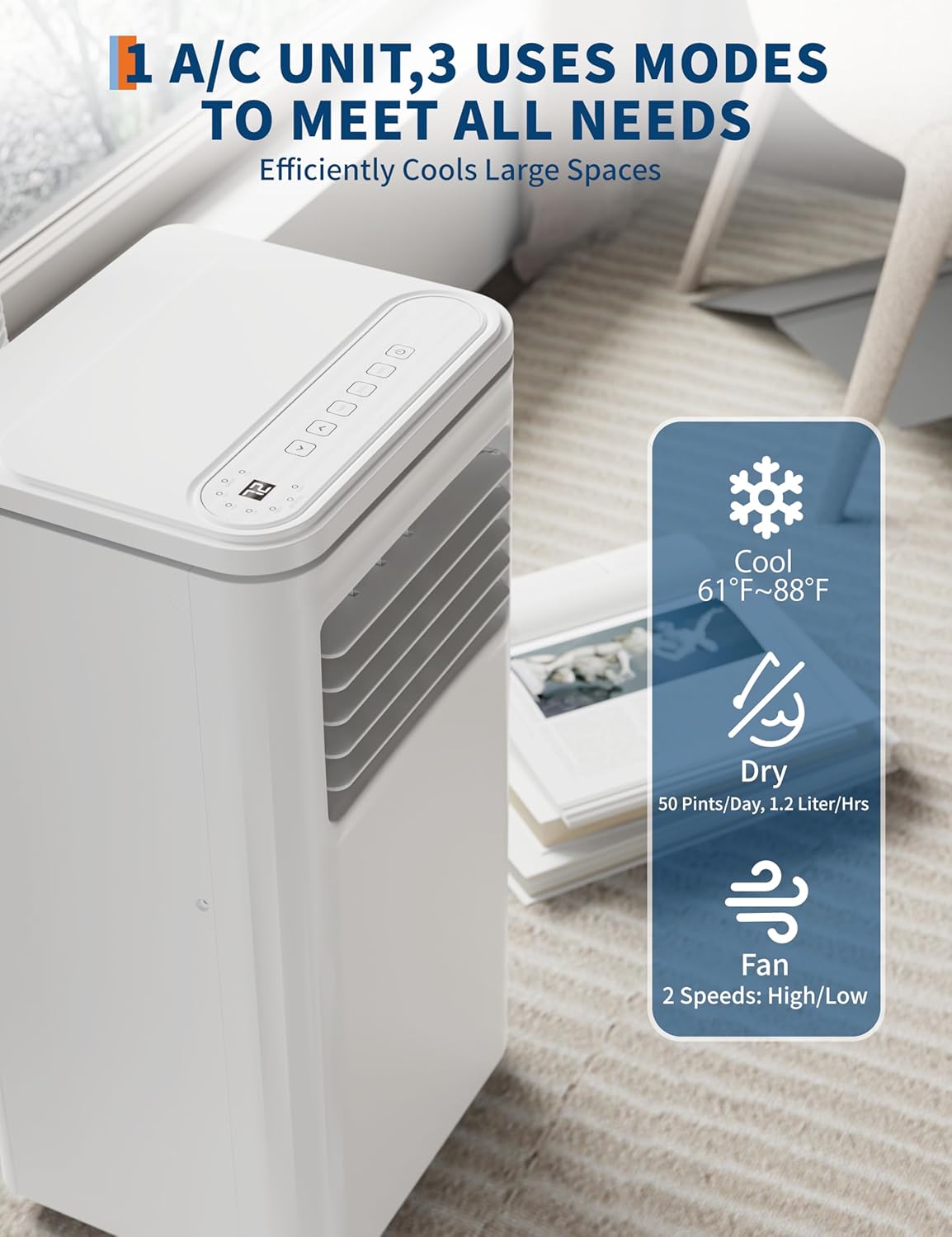 Portable Air Conditioners 8000 BTU, Efficient Portable AC Unit with Dehumidifier, Fan, and Sleep Mode, Quiet Operation with Remote Control and 24H Timer for Bedroom and Office Use, White