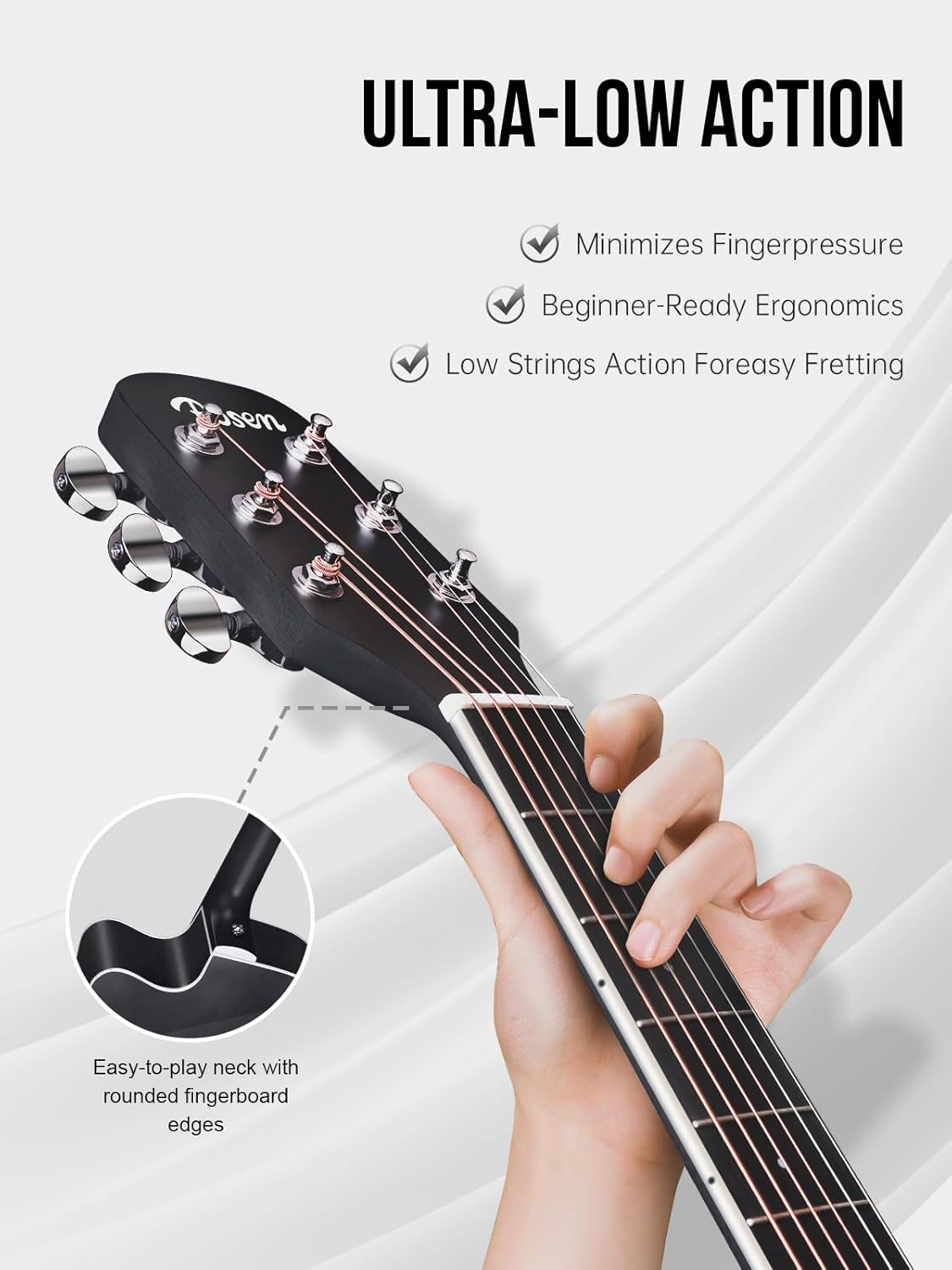 Rosen Solid Top Dreadnought Acoustic Guitar 41 Inches Spruce Guitar Beginner Bundle with Book, Padded Bag, Strings, Picks, Hexwrench, Strap, Polishing Cloth, Black