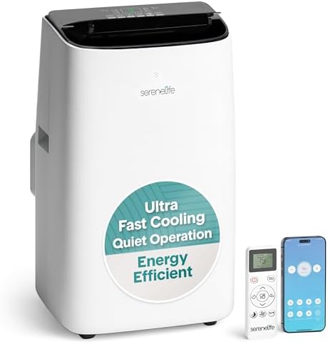 SereneLife 14000 BTU Ultra Quiet Portable Inverter Air Conditioner, Smart Cooling & Heating with WiFi, Energy Efficient, For Bedrooms, Living Spaces & Offices, 650 Sq Ft Coverage