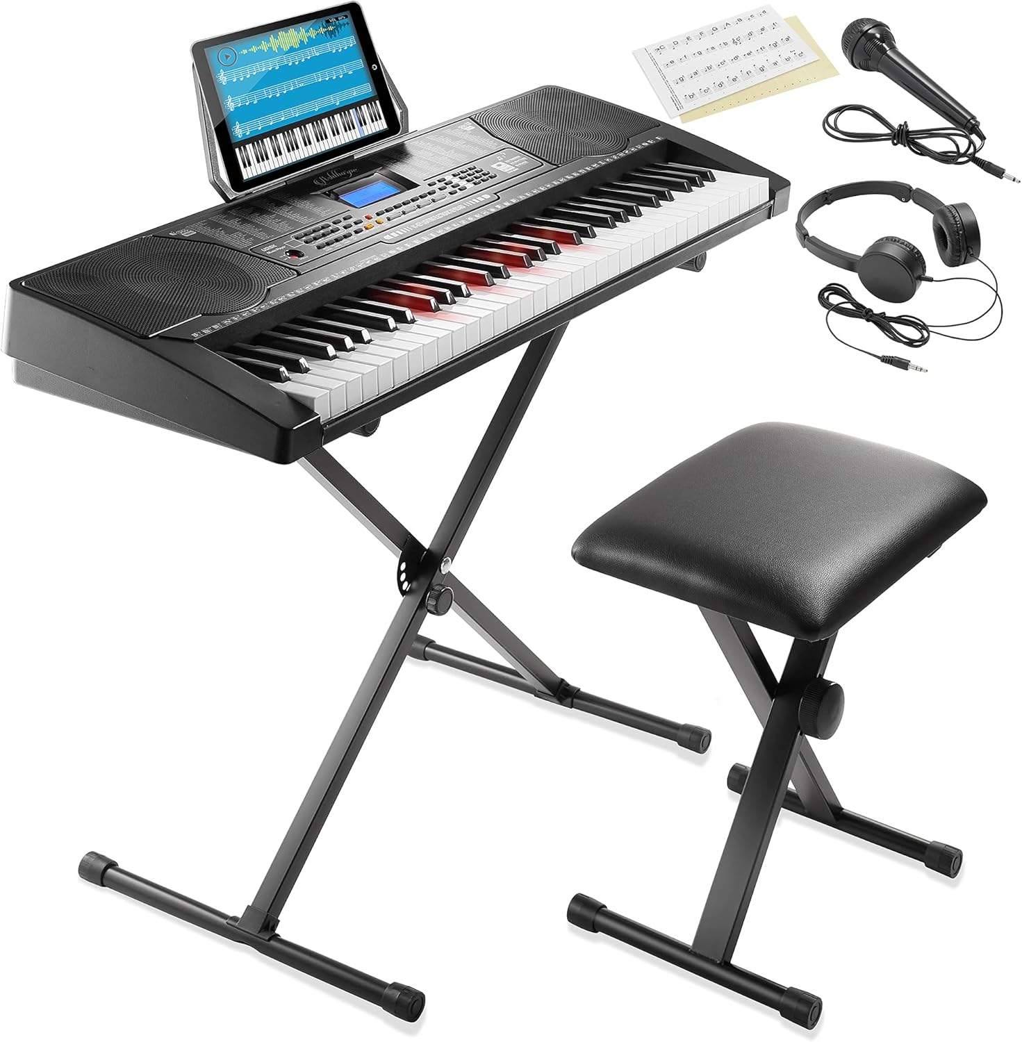 Ashthorpe 61-Key Digital Keyboard Piano with Light Up Keys, Electronic Beginner Piano Kit with Stand, Stool, Headphones, Microphone, and Note Stickers