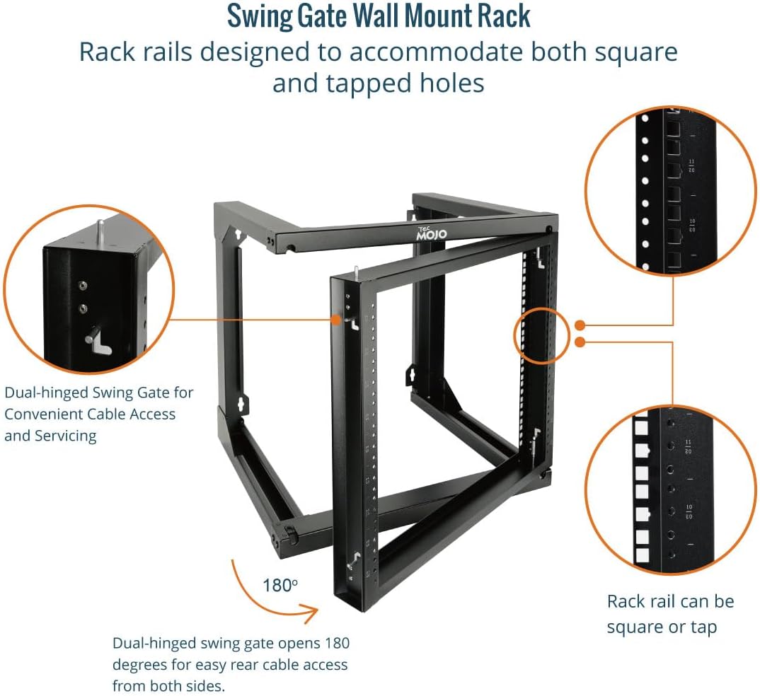 Tecmojo 9U Wall Mount Rack, Server Rack,Open Frame Server Rack,Network Rack for 19inch Computer/AV/Data/IT/Media Equipment,18inch Depth,16inch Apart Mounting Holes,Swing Gate,Square and Tapped Holes