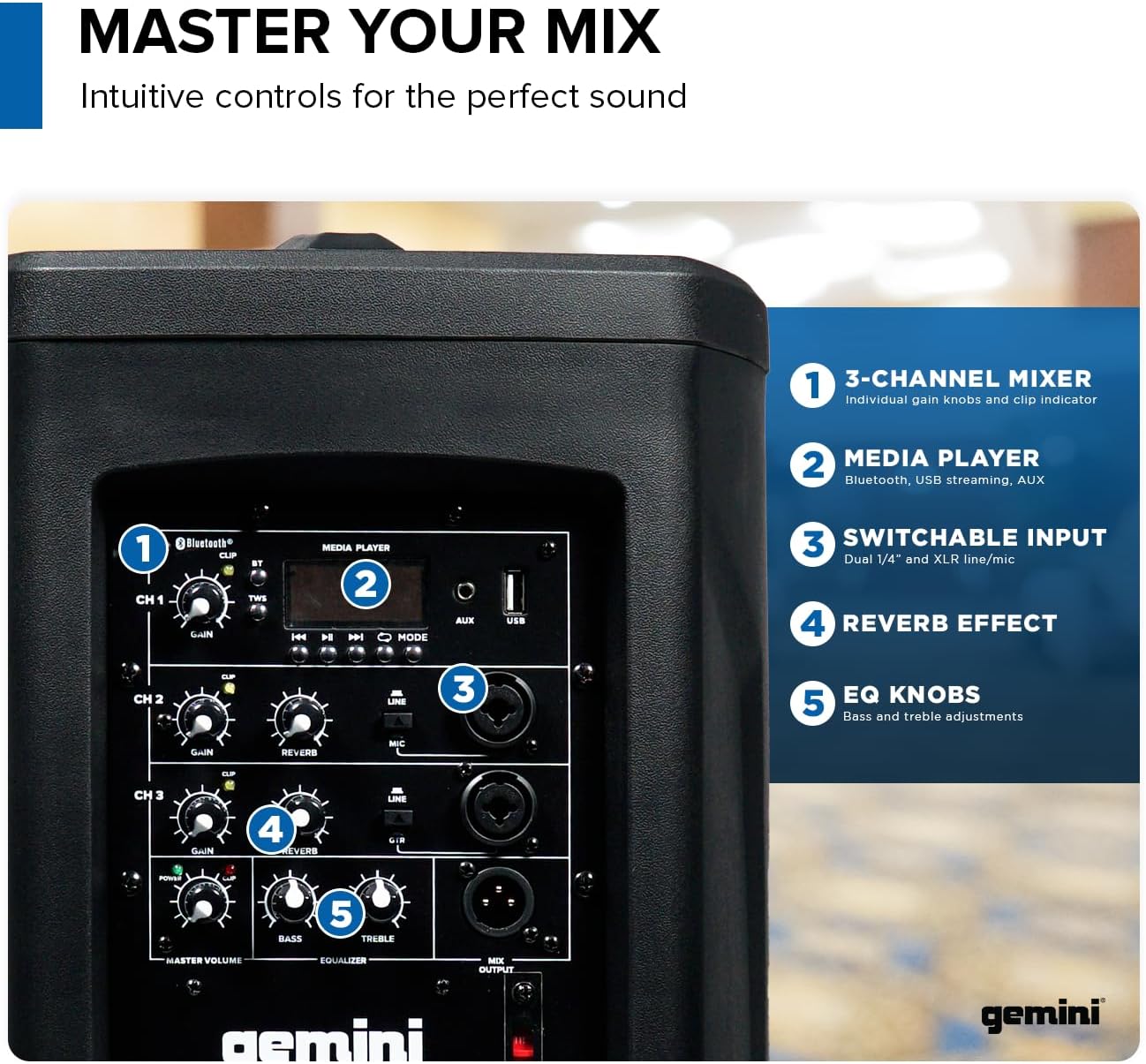 Gemini Powered Line Array PA System with Subwoofer - Column Array Speakers 1200W, Built-in Mixer, Bluetooth Streaming, Adjustable Height Tower Speakers for DJ, Karaoke, Live Performance (WPX-2000)