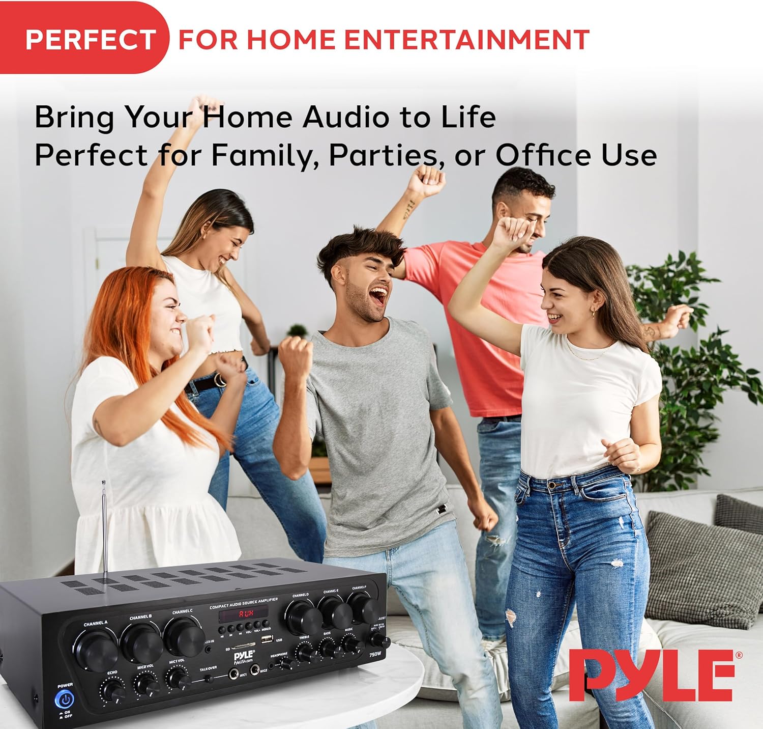 Pyle Wireless Bluetooth Home Audio Amplifier System-Upgraded 6 Channel 750 Watt Sound Power Stereo Receiver w/USB, Micro SD, Headphone,2 Microphone Input w/Echo, Talkover for PA - PTA62BT.5