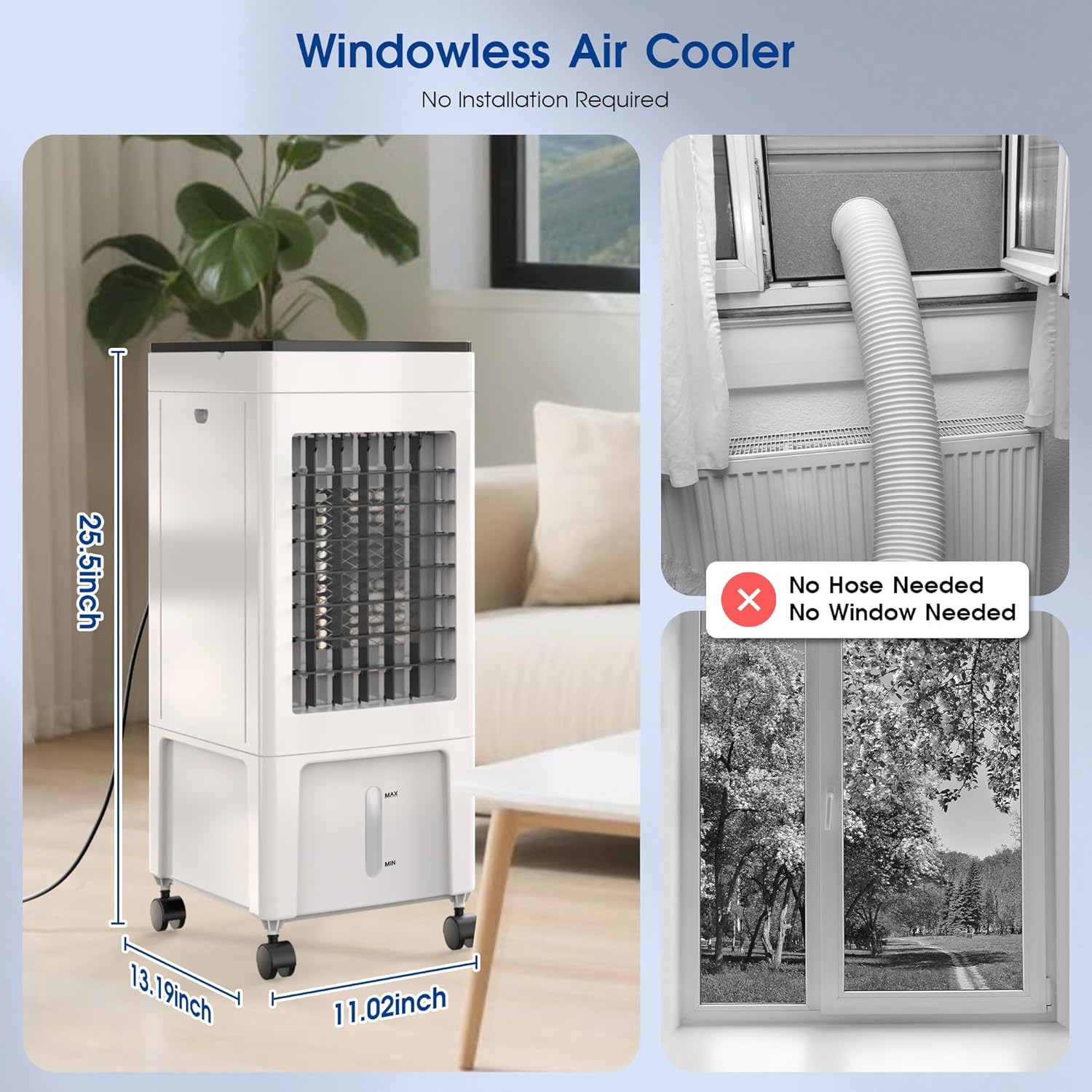 MOMOVOKA Evaporative Air Cooler, 3-IN-1 Windowless Portable Air Conditioner Portable with 2 Gal Water Tank, Timer, 3 Speed, Remote, 4 Ice Packs, Swamp Cooler Air Conditioner Portable