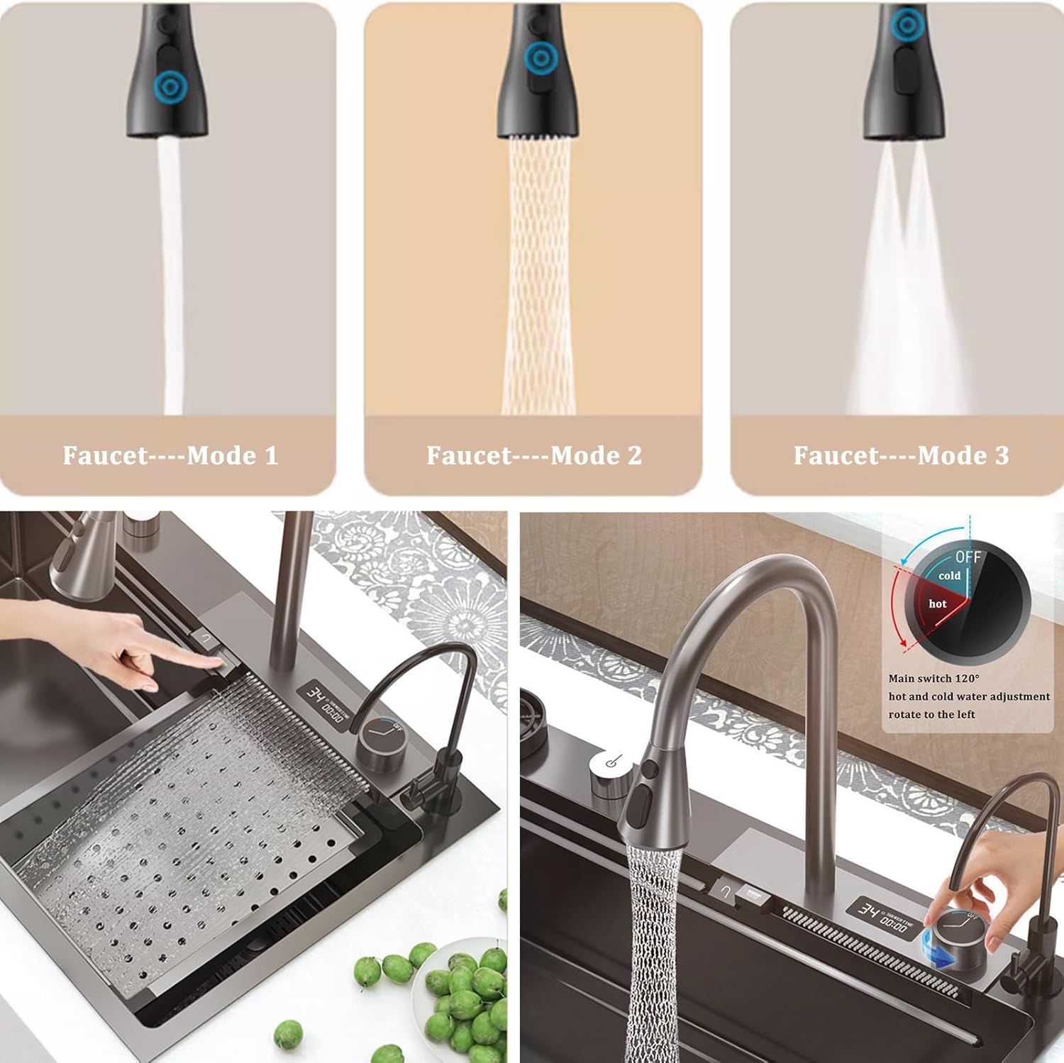 Kitchen Sink Tap,Black Kitchen Sink Digital Waterfall Faucet 304 Stainless Steel Sink Large Single Bowl Sink Including Cup Washer and Other Accessories (80x45x22cm)