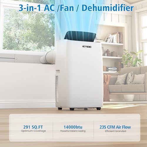 Heynemo 14,000 BTU 3-in-1 Portable Air Conditioner with Heat, Dehumidifier & Fan, Smart WiFi Control, Quiet AC for Bedroom, Office, Living Room, Easy Install, White