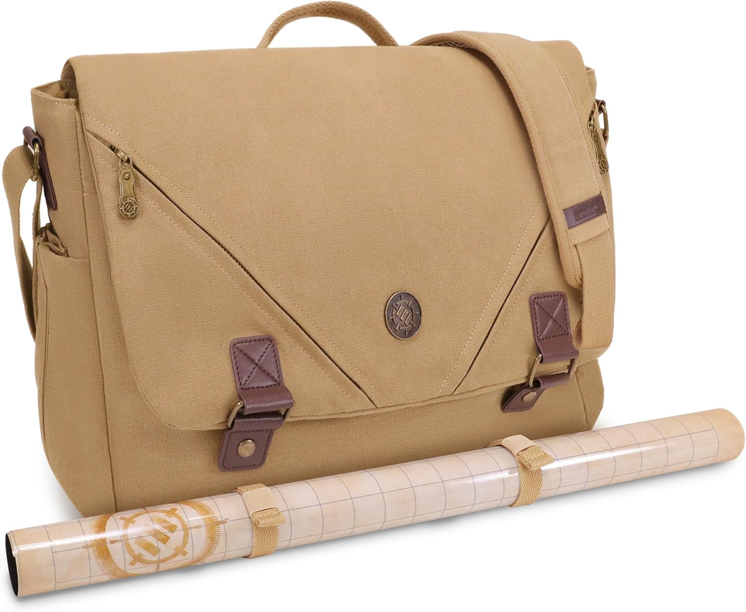 ENHANCE Venture DND Bag - Canvas RPG Player's Essentials Dungeons and Dragons Canvas Messenger Bag with Vegan Leather Accents Fits 2-4 Books, Dice & Accessories, with 17 inch Laptop Slot (Khaki)