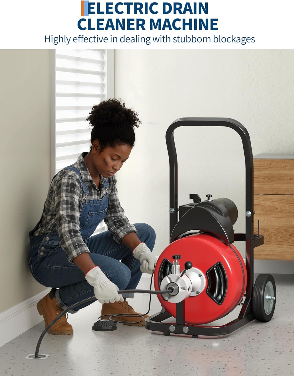 75FT x 1/2 Inch Steel Core Cable Portable 370W Electric Drain Cleaning Machine With Sewer Auger, Cutter, Air-activated Foot Switch, Wheels