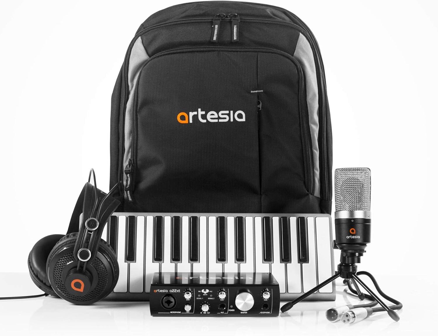 Artesia ARB-6 Backpack Recording Studio Bundle w/Xkey 25-key MIDI Keyboard & Case + Professional 24-bit USB Audio Interface + Studio Monitor Headphones + Cardioid Condenser Microphone + Backpack