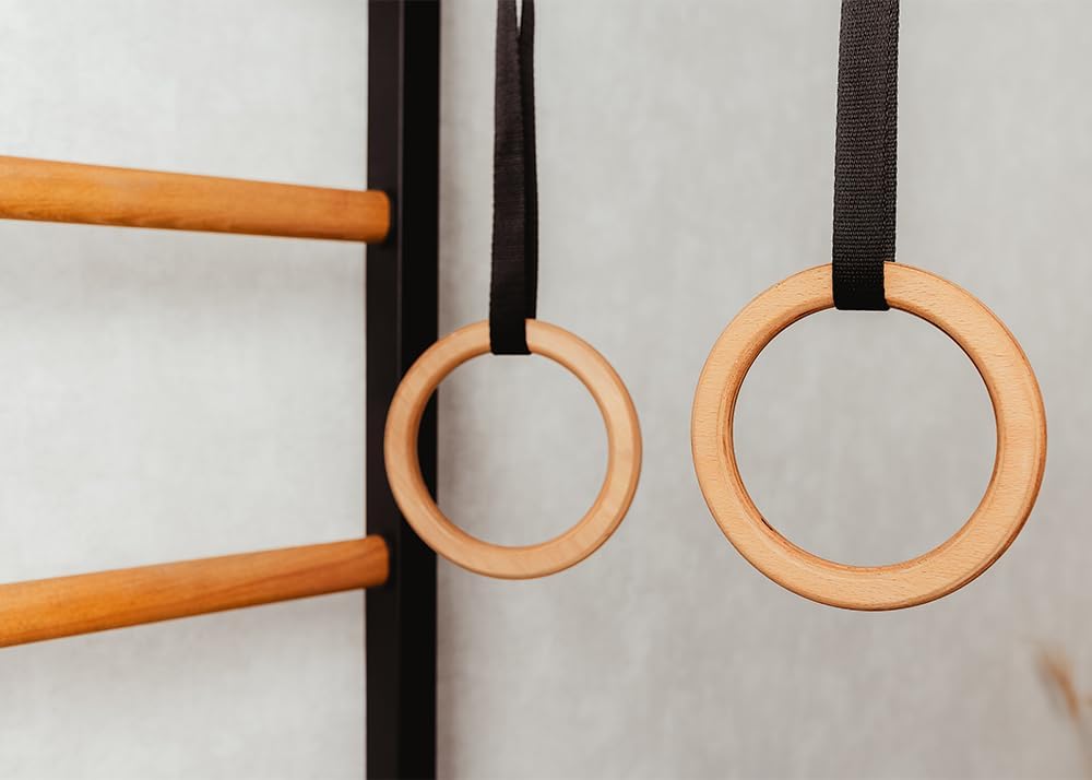211B+A076 Wallbars, Stall Bars, Swedish Ladder, Gymnastic Ladder with 8 Beech Oval Rungs, Adjustable Beech Wooden Pull Up Bar and Gymnastic Accessories Such as Wooden Rings