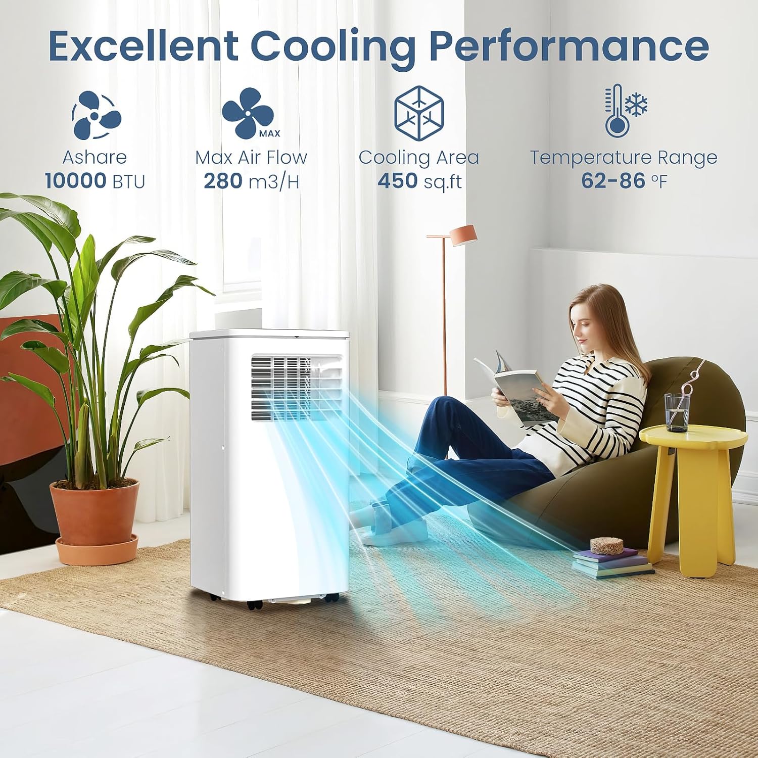 3-in-1 Portable AC Units Cools 350 Sq.Ft.,8000BTU Portable Air Conditioners Coolerwith Remote Control 24H Timer Sleep Mode,AC Unit for Indoor Use Bedroom Dorm