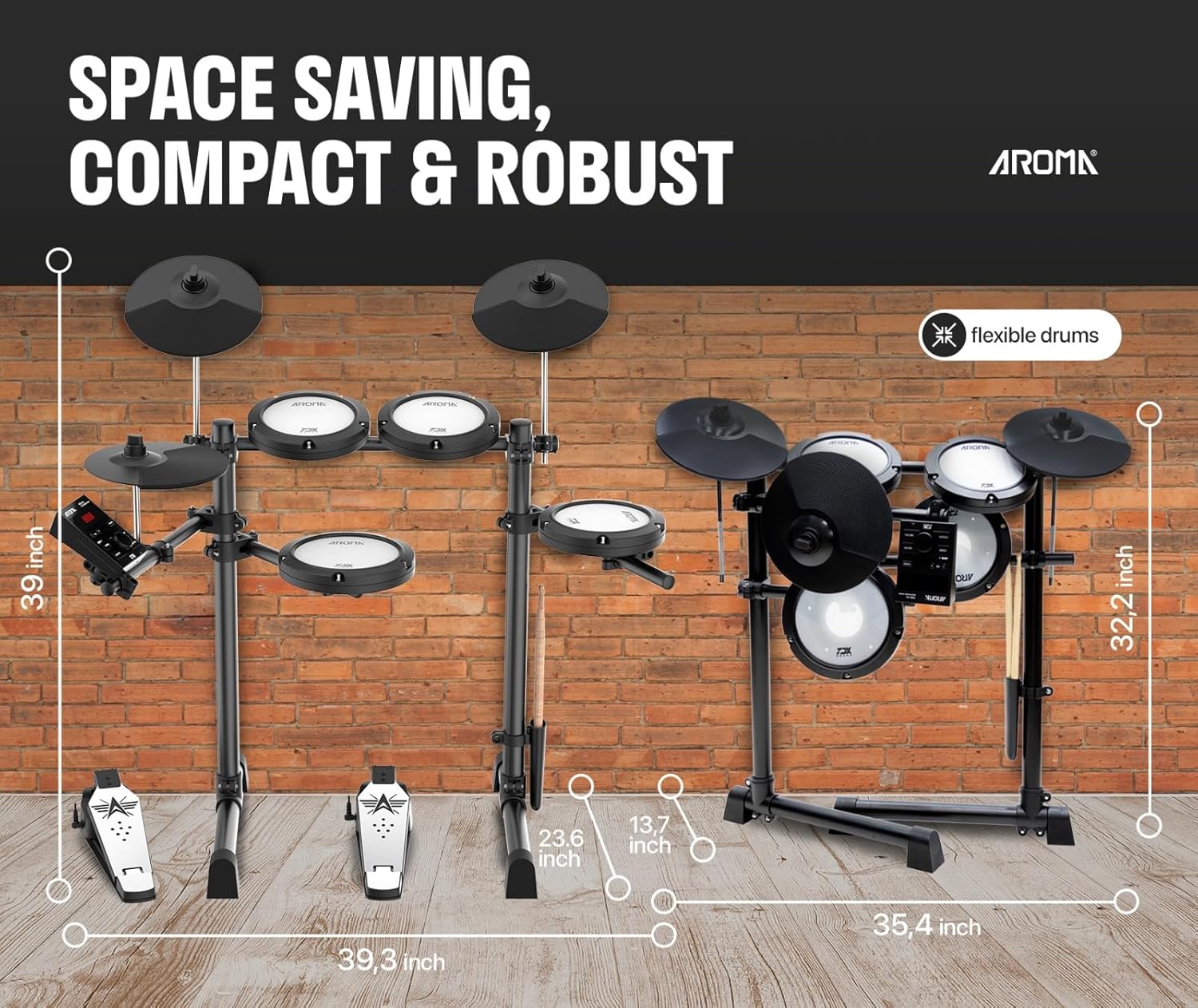 AROMA TDX-18 Electronic Drum Set with 4 Quiet Mesh Drum Pads, 2 Switch Pedal, Portable and Solid Drum Set with, Bluetooth, Drum Throne, Headphones and Sticks