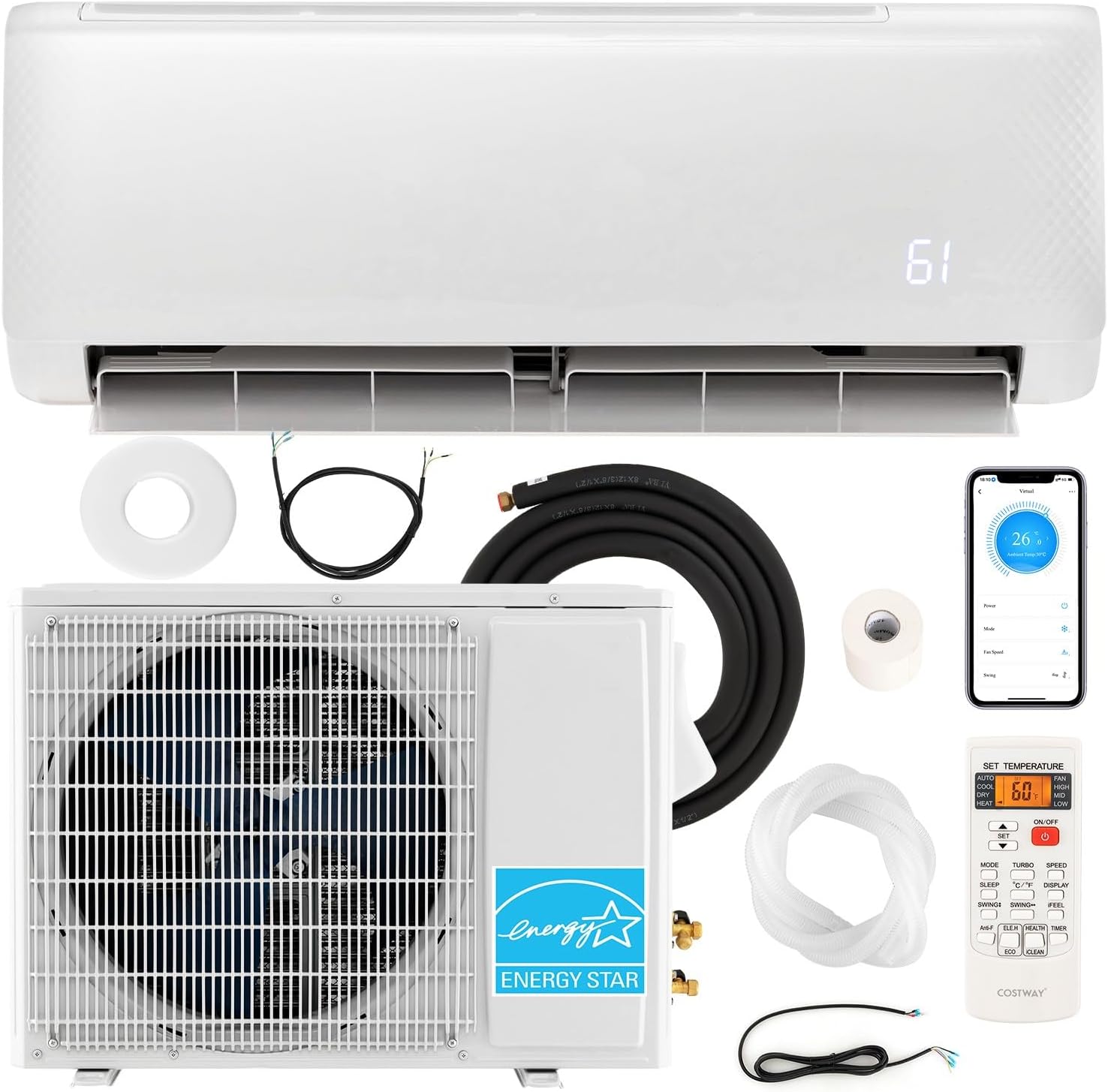 KOTEK 24000 BTU Mini Split AC/Heating System, Work with Alexa, Energy Star WiFi 21 SEER2 Inverter Ductless AC Unit, Cools Up to 1500 Sq.Ft, Air Conditioner with Heat Pump(24000BTU, 208-230V, 21 SEER2)