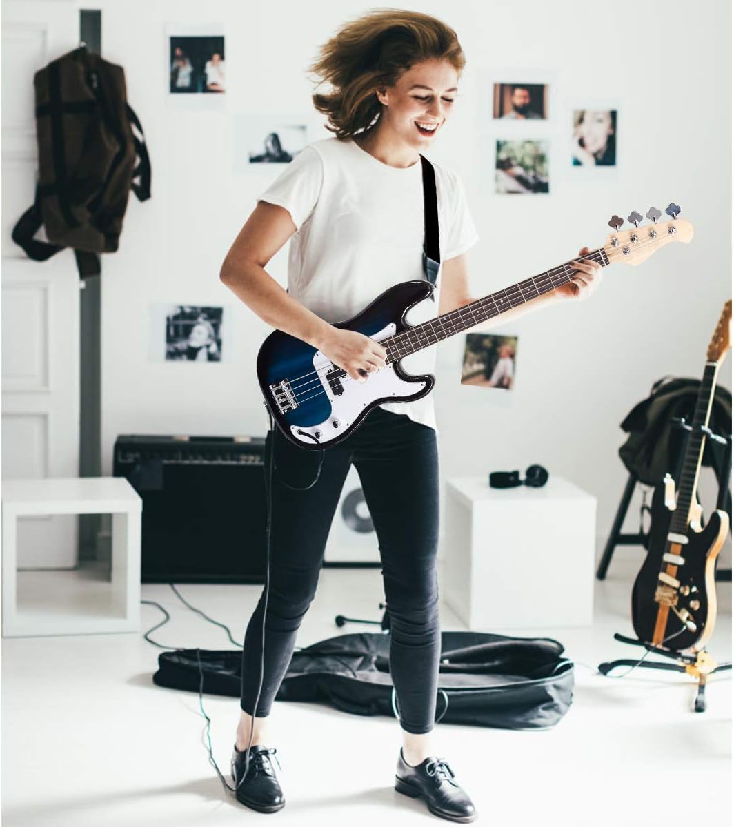 Goplus Electric Bass Guitar, Full Size 4 string with Strap Guiter Kit/w Carrying Bag, 2 Pickup, Perfect Bass for Beginners (Blue Bass 4 Straps)