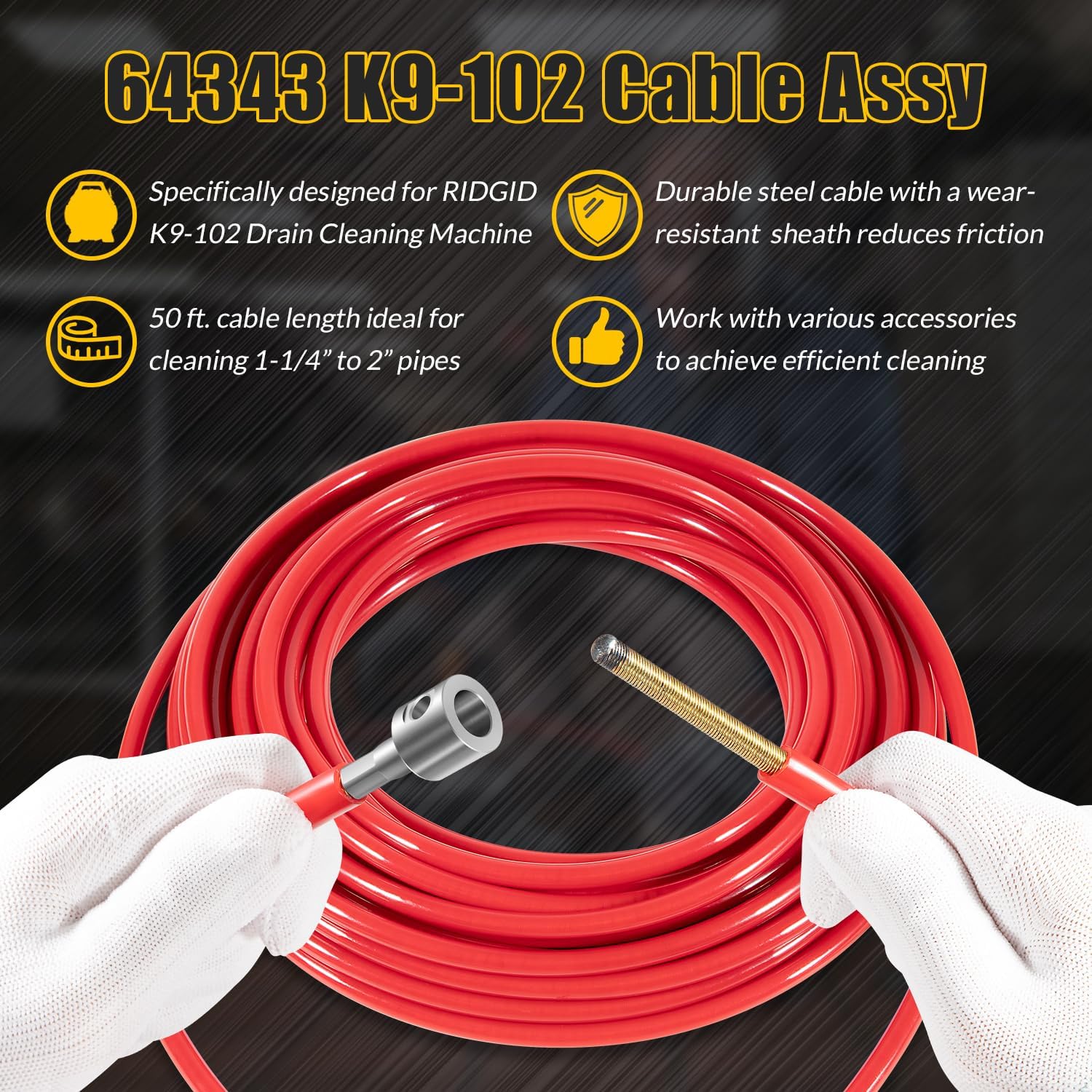 Replacement for FlexShaft Cable Assembly 64343 K9-102, 1/4” x 50 ft with Sheath and Couplings, Compatible with RIDGID K9-102 Drain Cleaning Machine for 1-1/4” to 2” Pipes