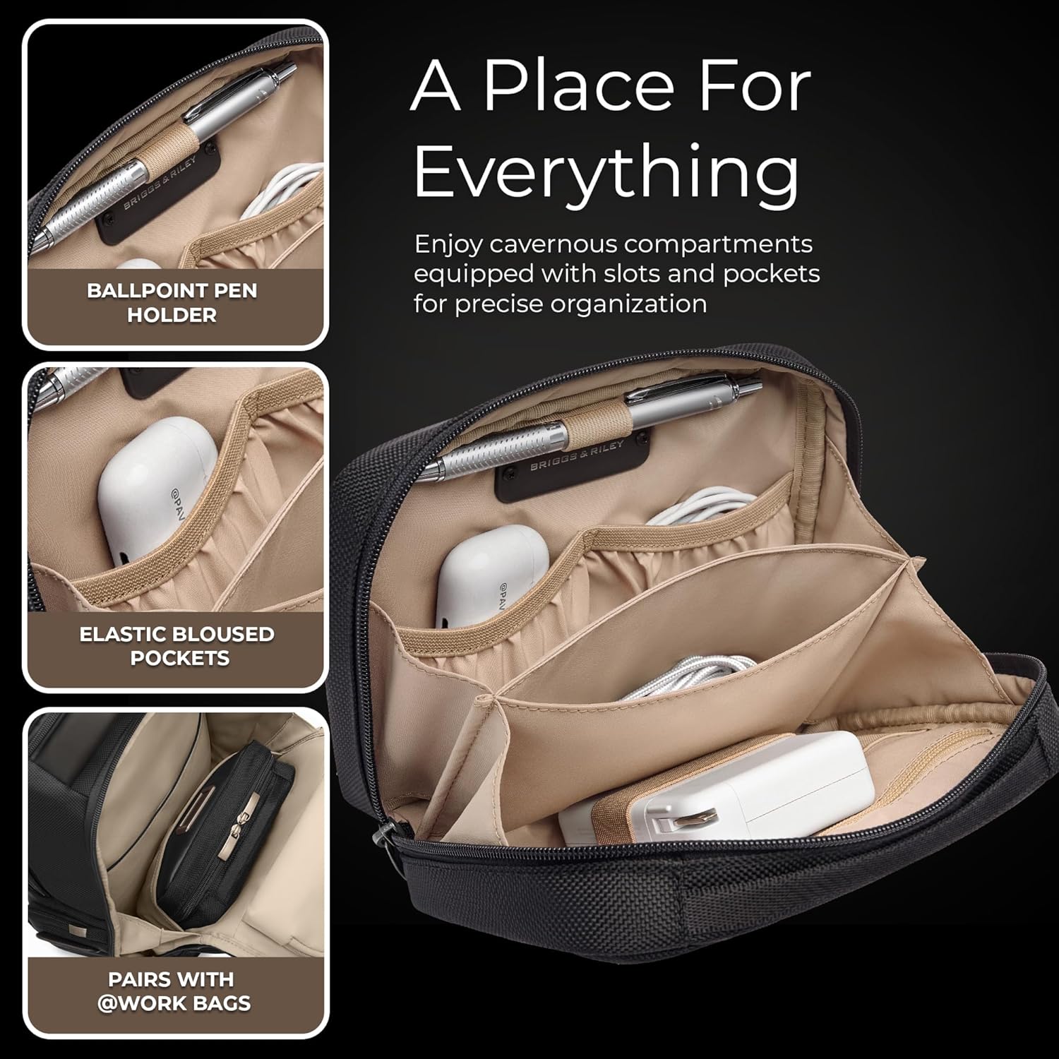 Briggs & Riley Tech Pouch Kit - Electronics Organizer Travel Case, Cable Storage Bag for Cords, Hard Drives, & Tech Accessories, Leather Touchpoints, Durable Fabric - @work Collection, Black
