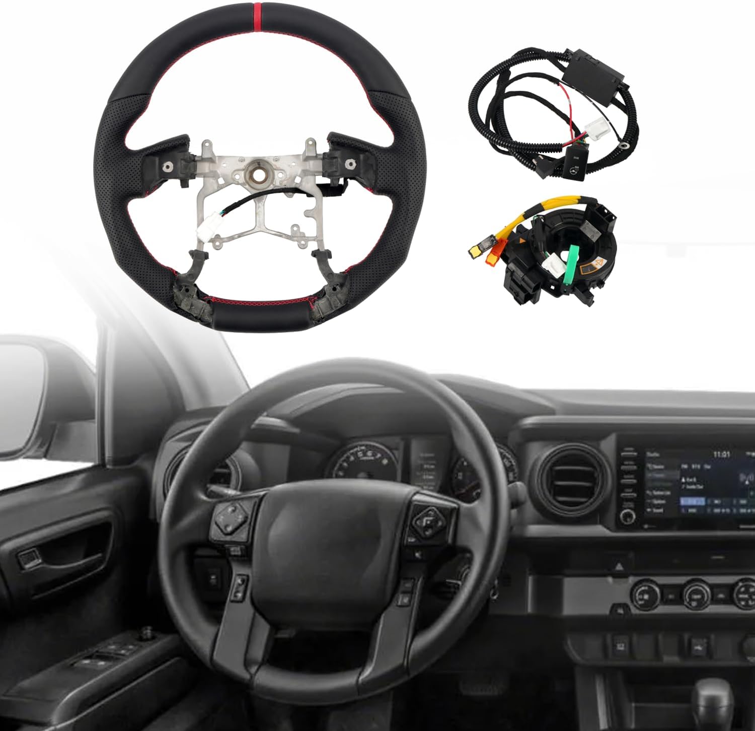 HIGH FLYING for Toyota Tacoma 2016-2023 Car Interior Accessories Heated Steering Wheel Replacement Part Perforated Leather Kit (Red Alignment Strip)
