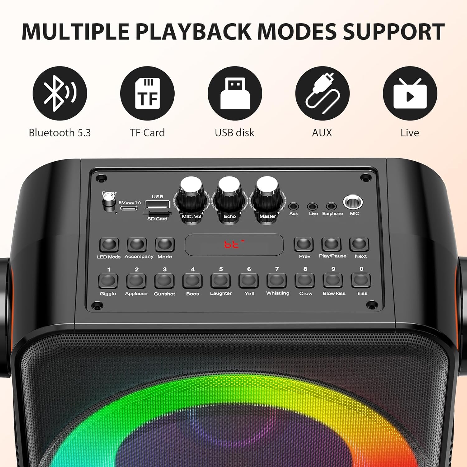 Karaoke Machine with 2 Microphones, Portable Bluetooth 5.3 Karaoke Speaker for Adults, PA System with Echo Adjustment for Outdoor Events, Gatherings and Parties, Stage Subwoofers (80W)