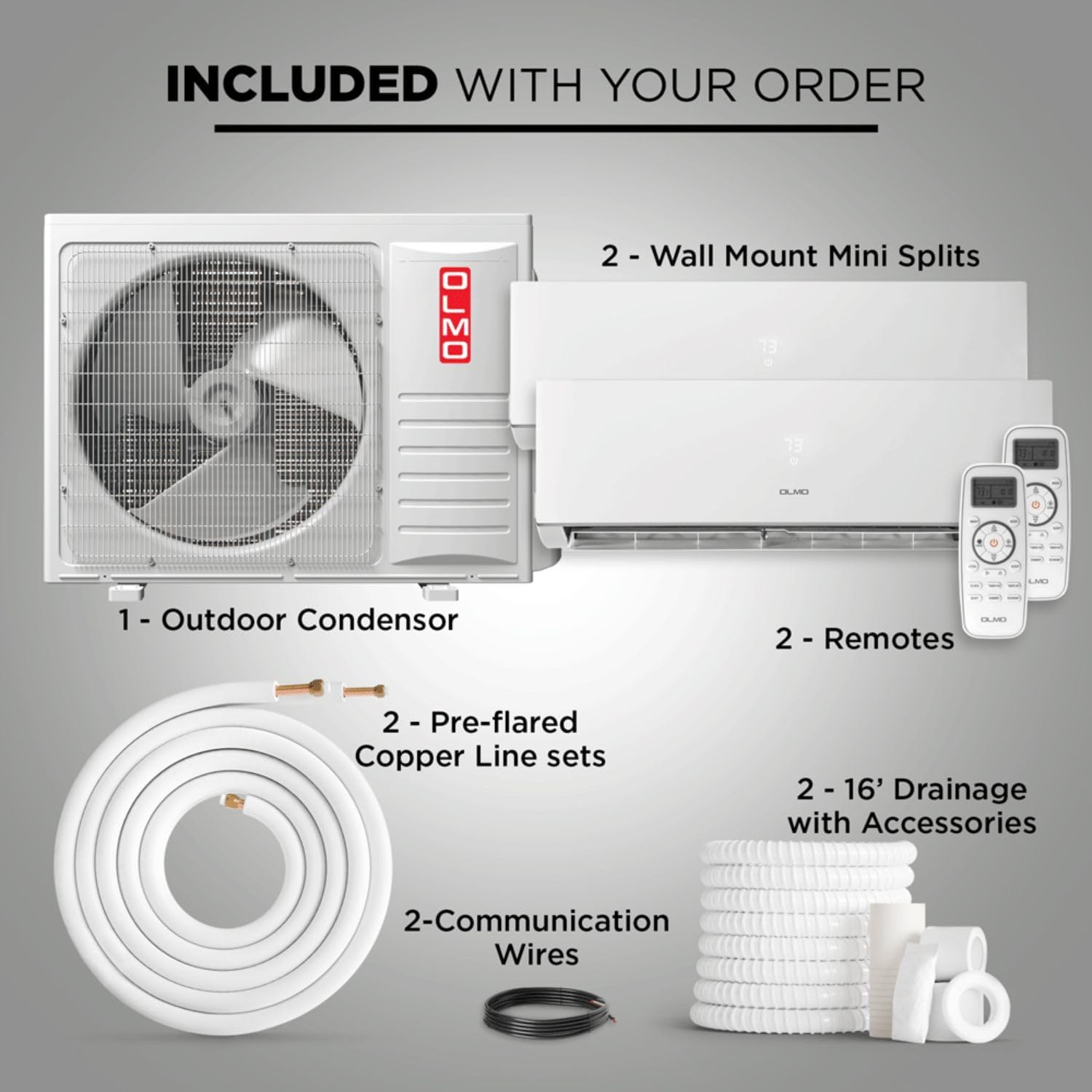OLMO 18,000 BTU Dual Zone 12000 + 12000 BTU Wall Mount Ductless Mini Split A/C and Heater with 16ft Installation Kits