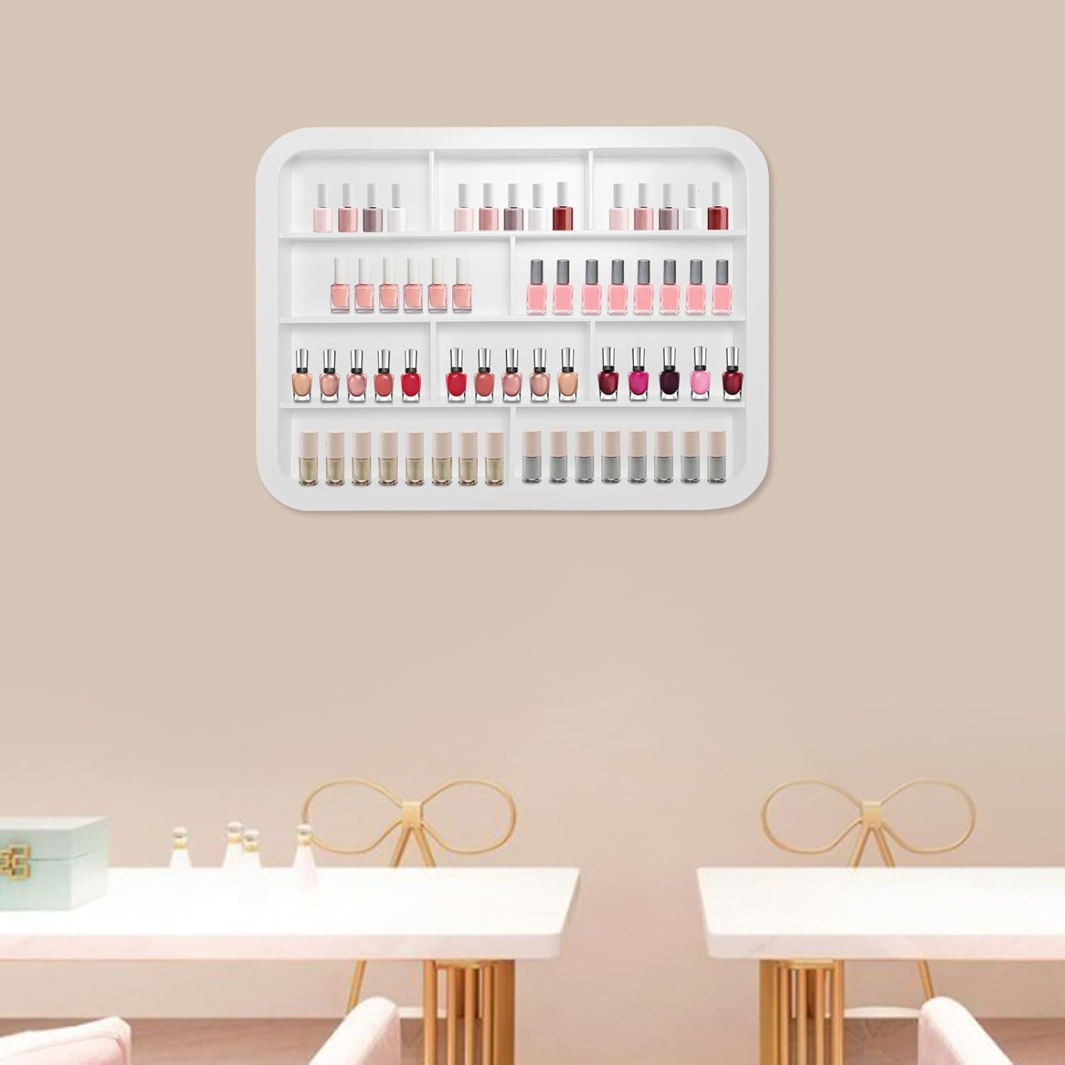 Wall Mount Beauty Nail Polish Display Rack, 4-Tier Beauty Hanging Salon Display Rack for Home, 31.5x23.62 in White Figure Ornament Nail Storage Systems for Spa Home Beauty Studios (80CM)