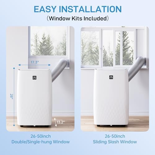 14,000 BTU Portable Air Conditioner - Quiet AC Unit Covers 750 Sq. Ft, 3 Fan Speeds With Dehumidifier Mode, Easy Install Window Kit & Follow Me Temperature Control, White