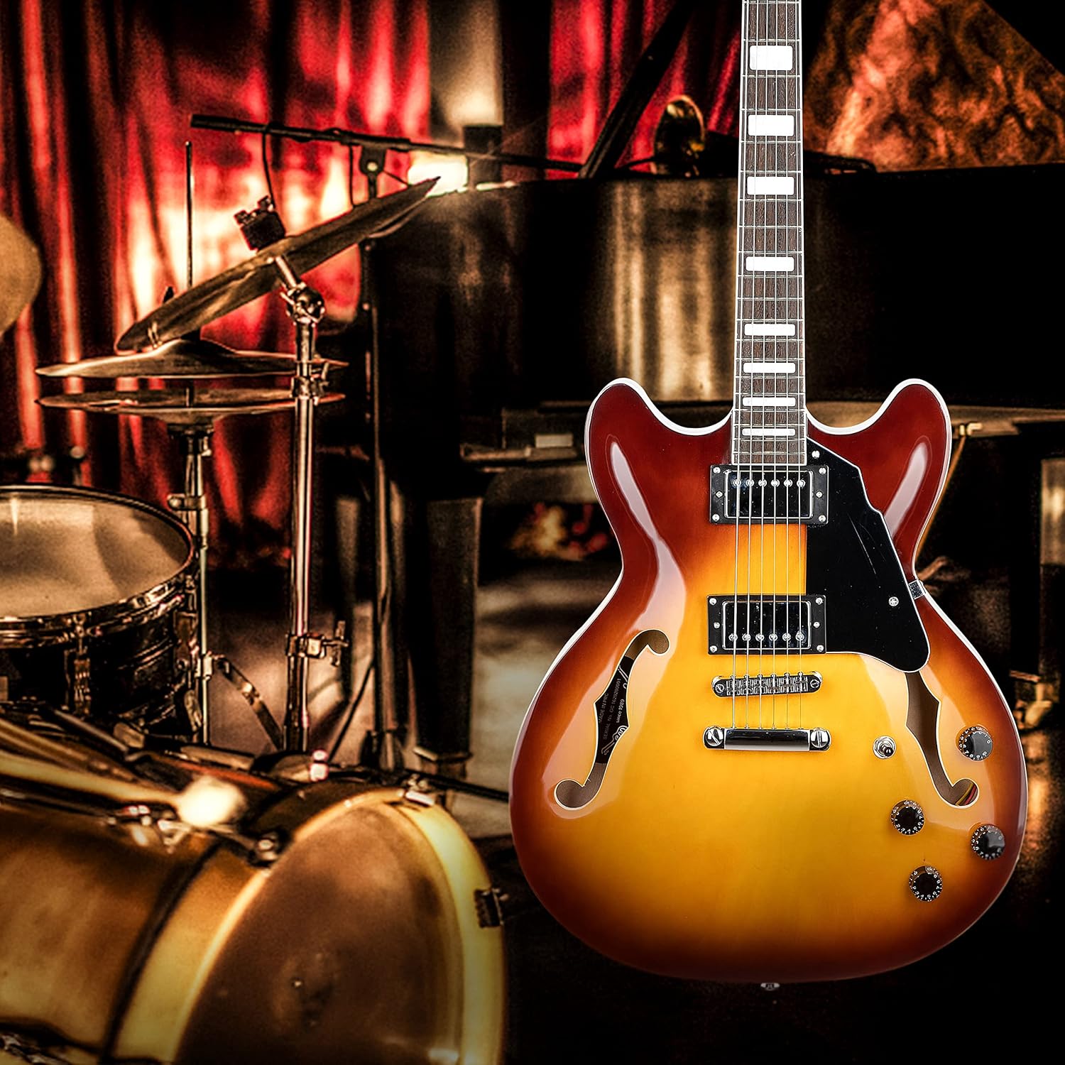 Grote Full Scale Electric Guitar Semi-Hollow Body Guitar Stainless Steel Frets (Vintage Sunburst)