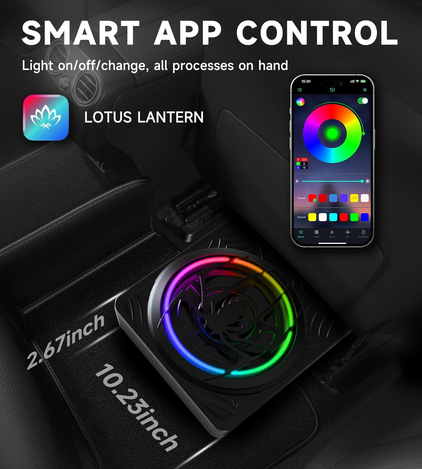 1200W RGB Subwoofer, Slim Underseat Car Subwoofer and Amp Package with RGB Beat-Synced Light, Individual Control for Low Pass/Gain/Boost Bass, Deep Bass Perfect for Truck/SUV/Jeep/MPV