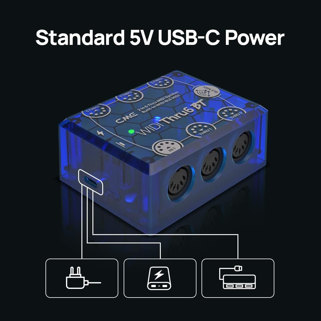 CME WIDI Thru6 BT + 4-Pack 2-FT TRS MIDI Cables - 2-in-6-out MIDI Thru/Split with 5-pin DIN and Bluetooth MIDI + 4-Pack TRS 3.5 Type A Low-Profile MIDI cables