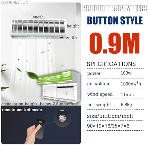 Air Curtain,Commercial Silent Door Air Curtain Machine, Energy-Saving Remote Control Black, Available in 1.5/1.8/2 Meters(0.9m)