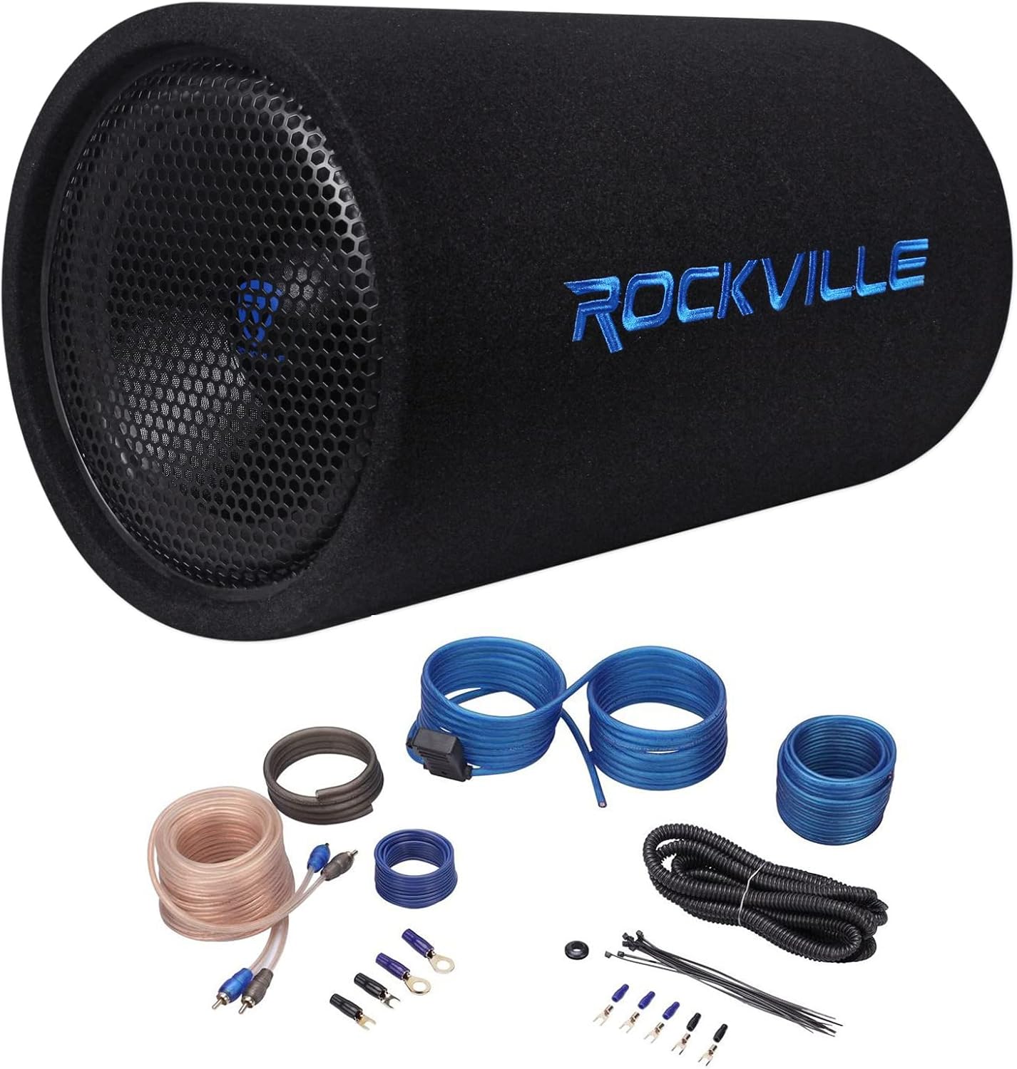 Rockville RTB12A Bundle: 12 in 600 Watt Powered Subwoofer Bass Tube with Bass Remote, RWK10 10 Gauge Amp Installation Kit with RCA and ANL Fuse Holder, 2-Items