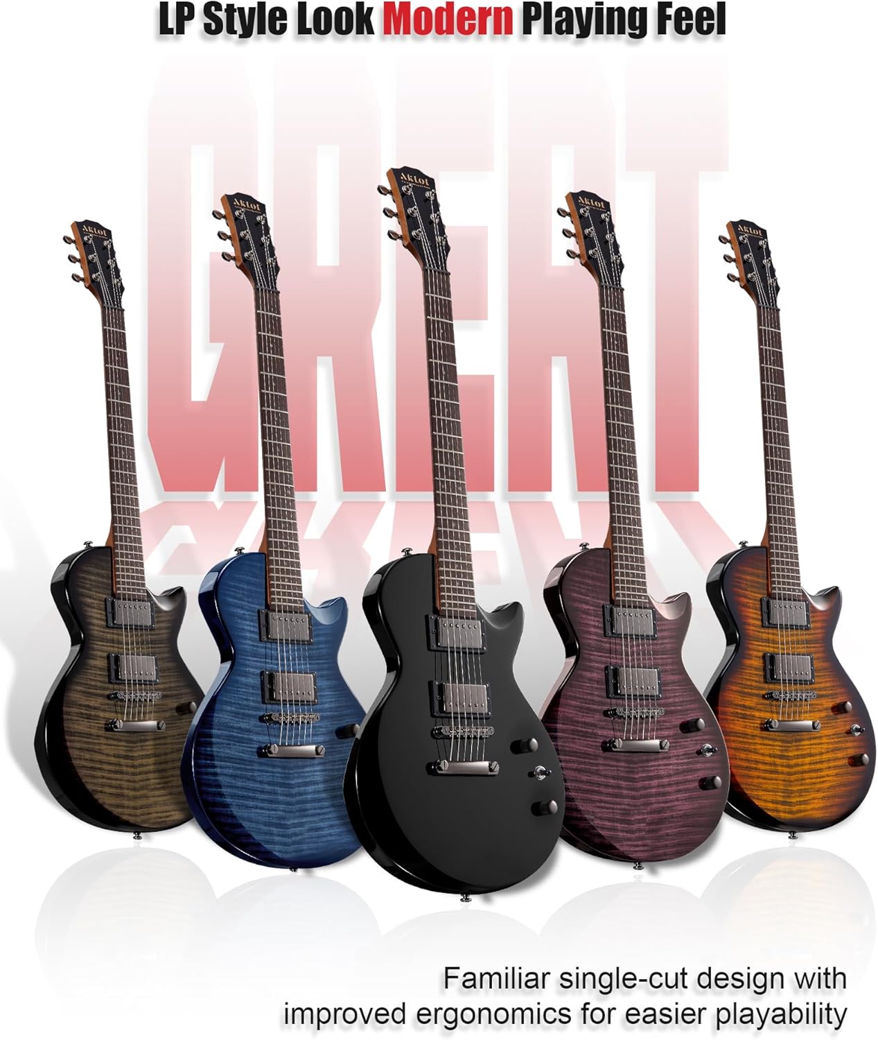 AKLOT 24-Fret Electric Guitar Kit – Single Cut (LP Style), Modern Playability with Coil-Split Humbucker Pickups, Essential Accessories Included, Phantom Black