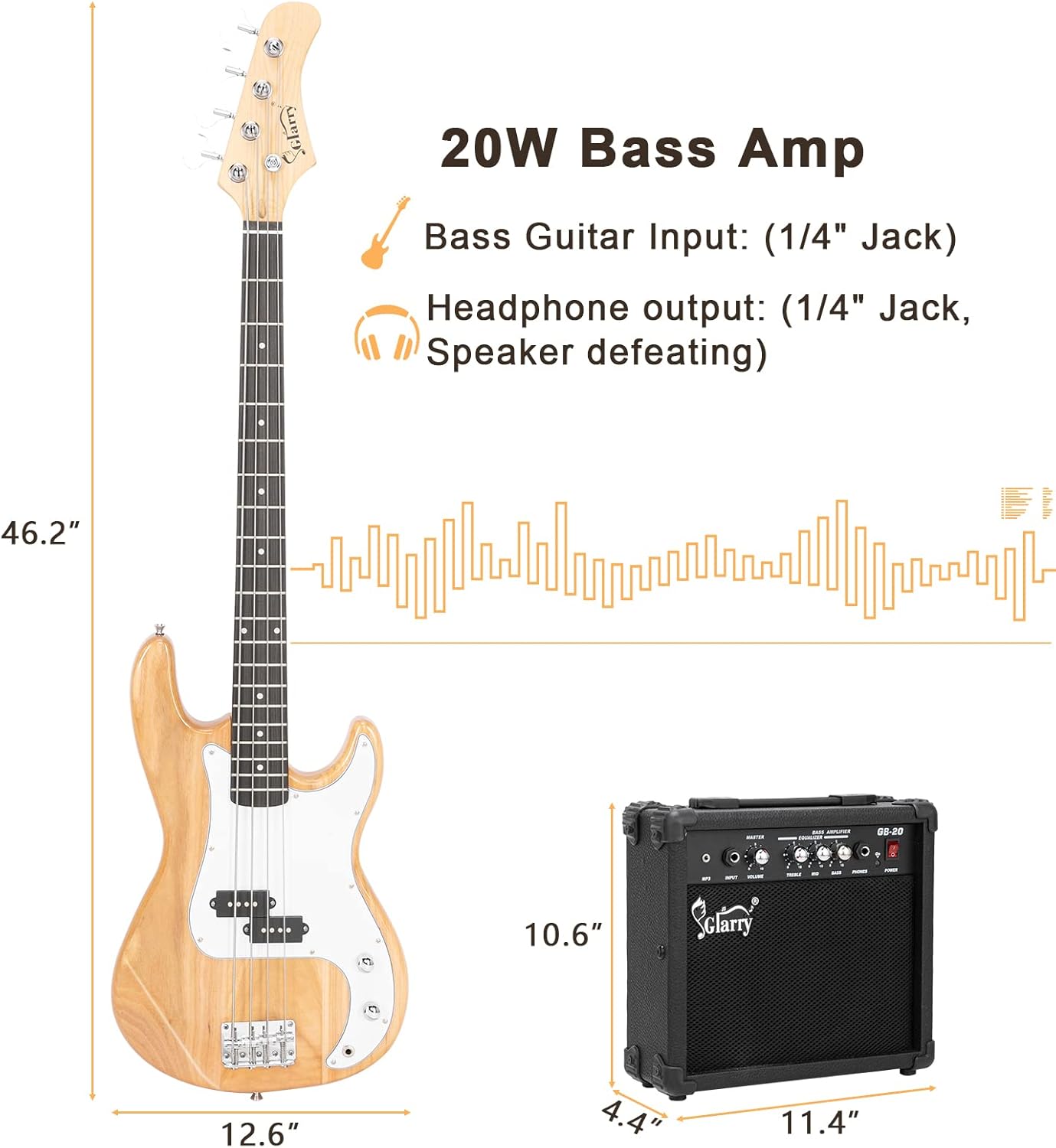 GLARRY Full Size Electric Bass Guitar Beginner Kit 4 String Exquisite Basswood Bass with 20W AMP, Cable, Strap, Bag and Accessories (Natural Wood, 39