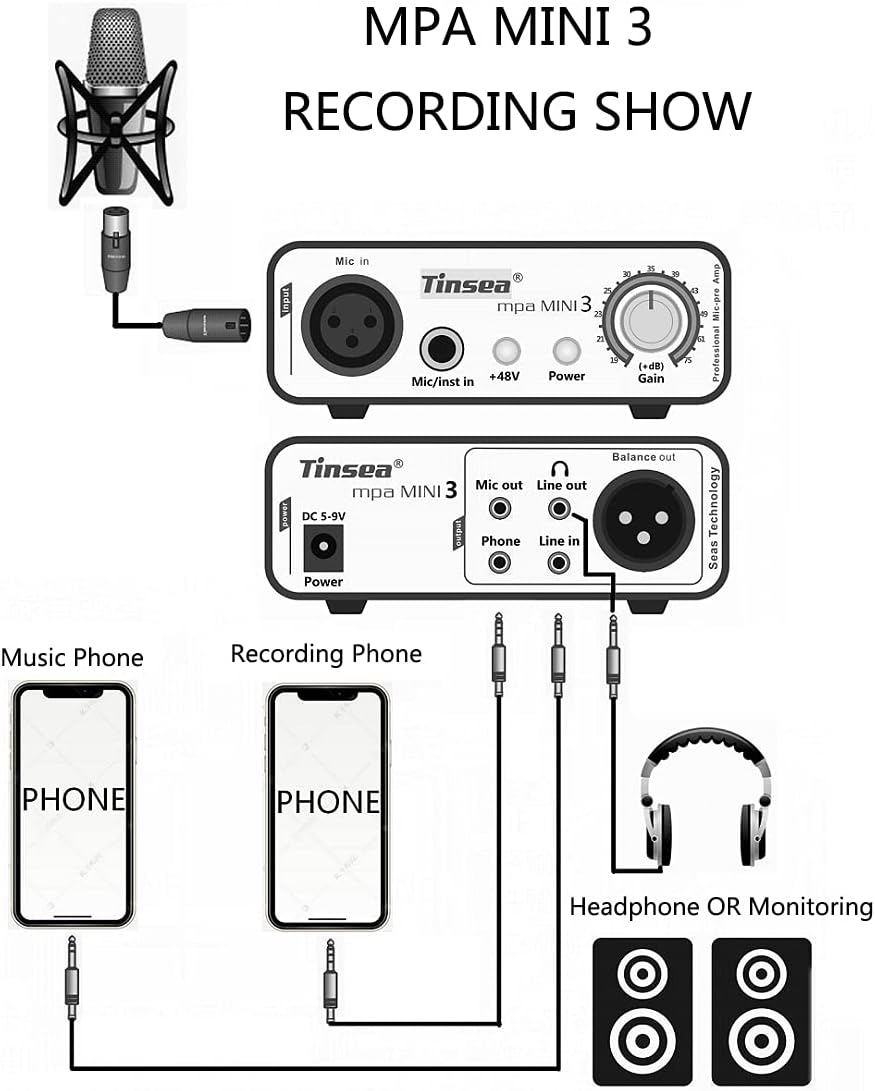 MINI3 Microphone Preamp Dynamic Microphone Amplifier for SM58S Audio Interface Amplifier with 48V Phantom Power Supply 70dB Gain Adjustable