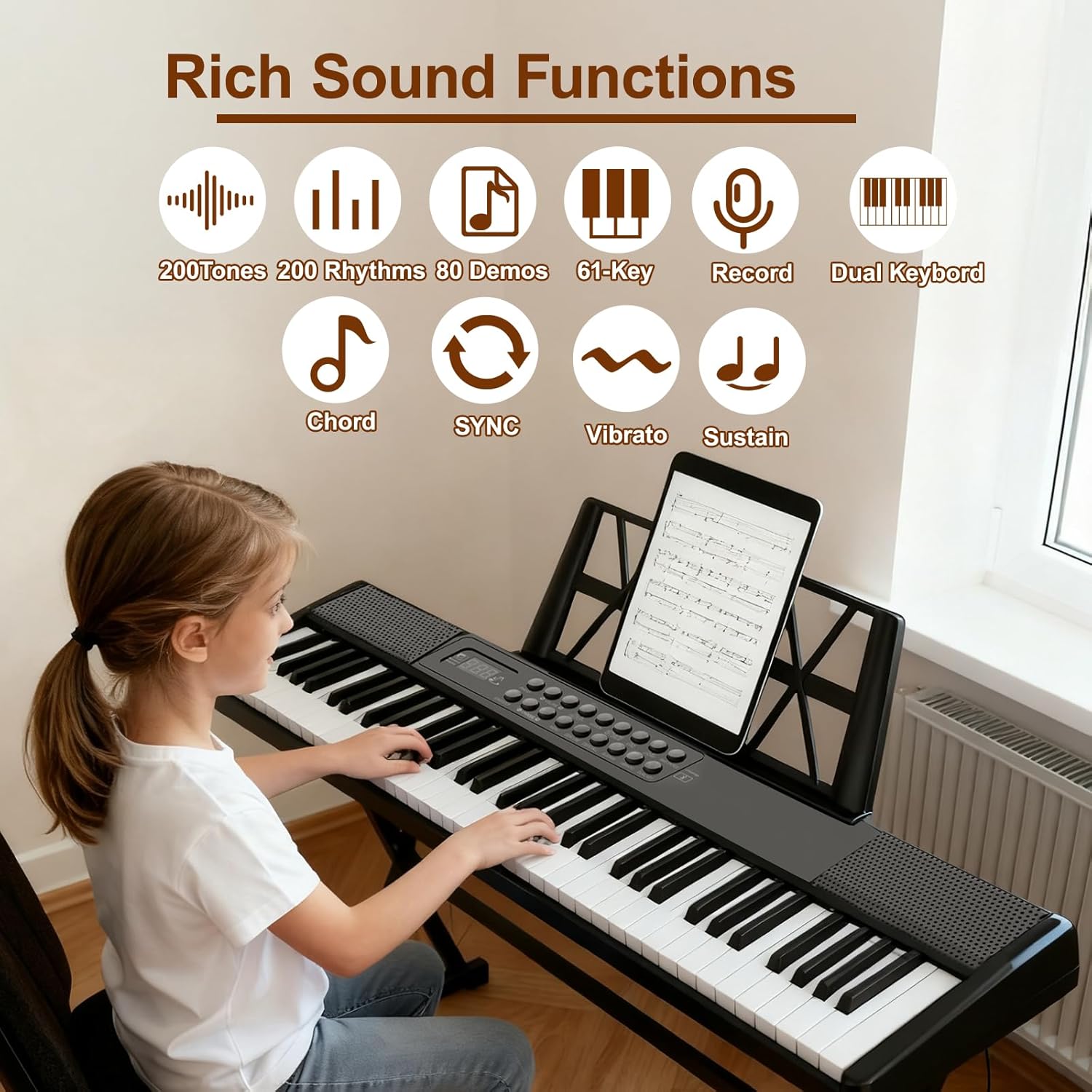 Electronic Piano Keyboard,Bluetooth Foldable 61 Key Semi-Weighted Digital Pianos with Power Adapter,Pedal,Sheet Music Stand,Sticker,Bag,Gift for Beginners,Black