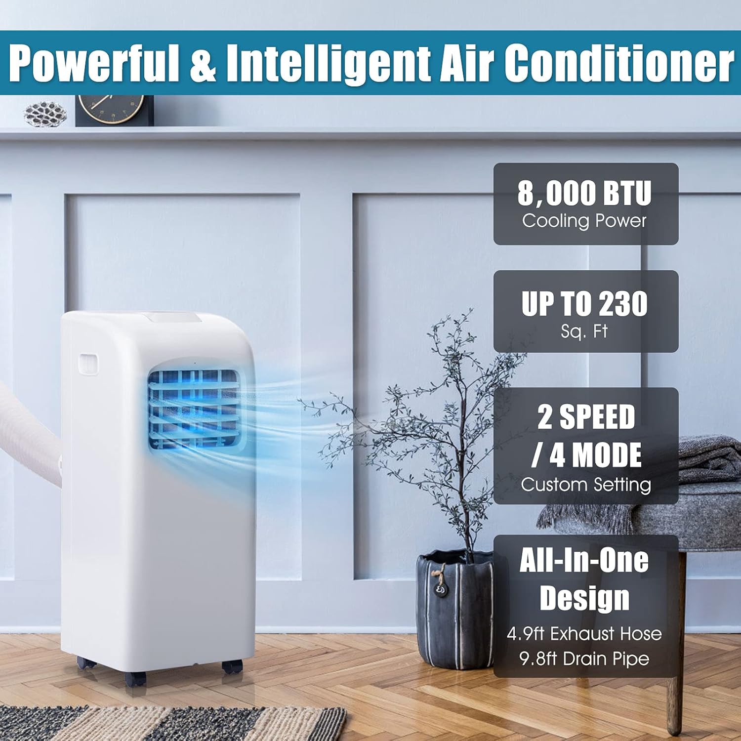 HOMGX 4-in-1 Portable Air Conditioner, 8000 BTU Powerful Air Cooler w/Fan, Dehumidifier, Cool & Sleep Mode, 2 Wind Speeds, 24H Timer, Control Panel, Remote Control, Rooms up to 230 sq. ft.