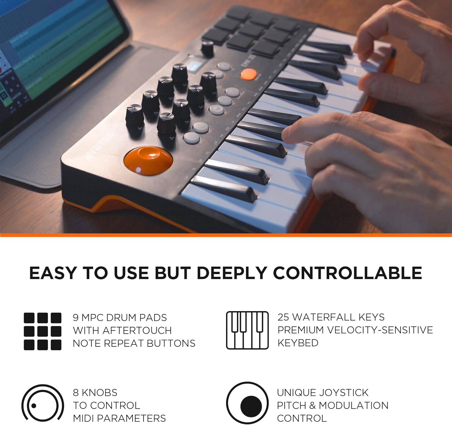 Portable Bluetooth MIDI Keyboard Controller, With 25 Key, 9 Backlit Beat Pads, OLED Display, 8 Knobs, Software Included, USB Powered/Battery Operation