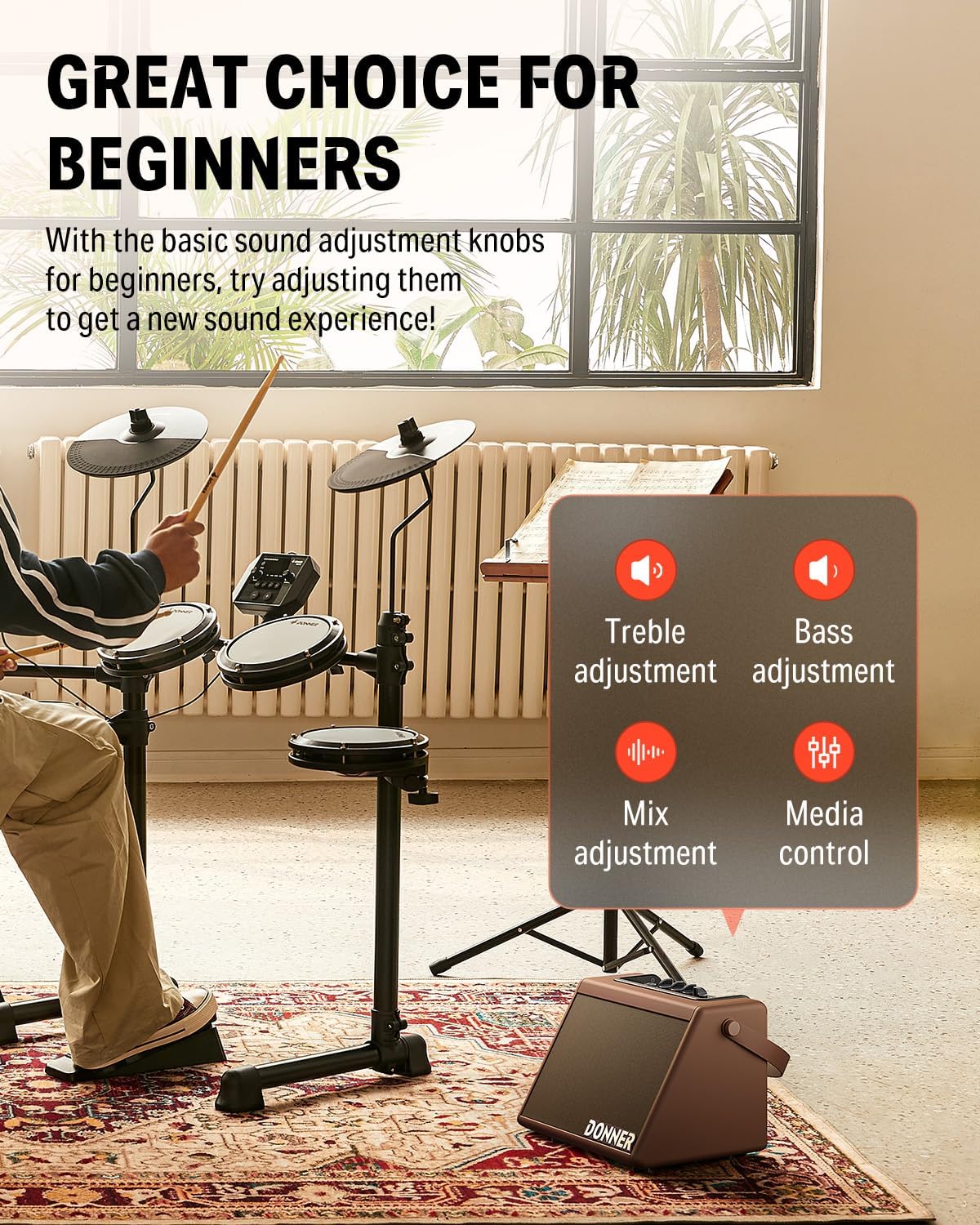 Donner Drum Amplifier 20W, Wireless Electric Drum Speaker Keyboard Amp, Mini DDA-20 Portable for Home Practice (Brown)